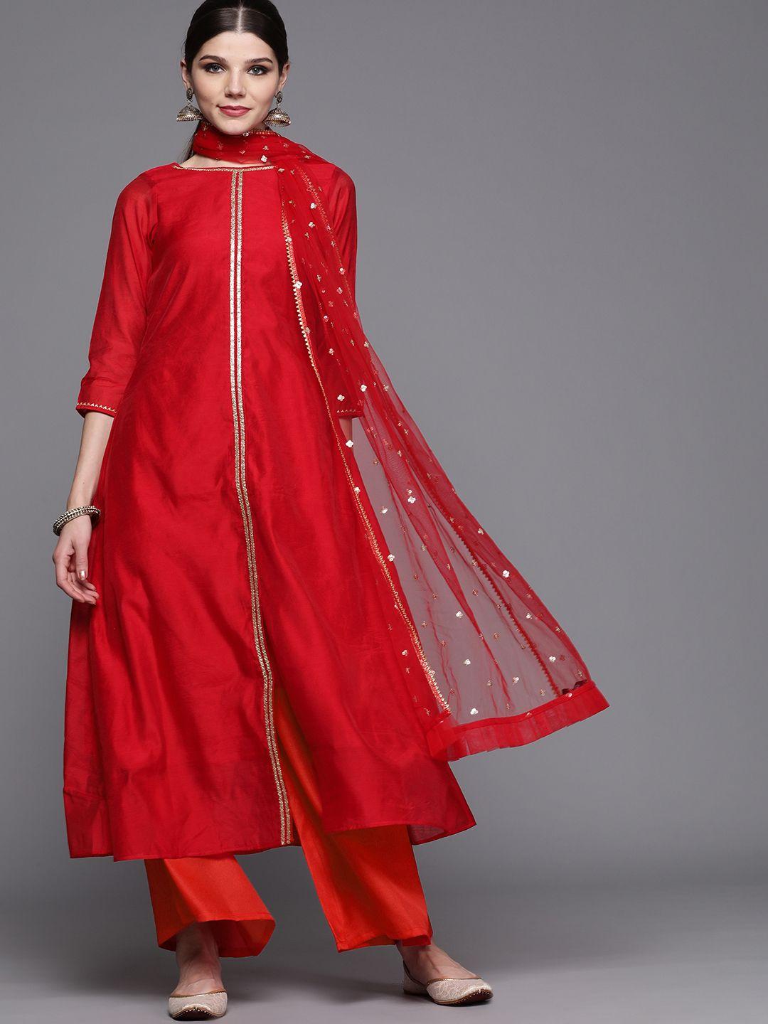 inddus women red chanderi cotton solid kurta with palazzos & dupatta