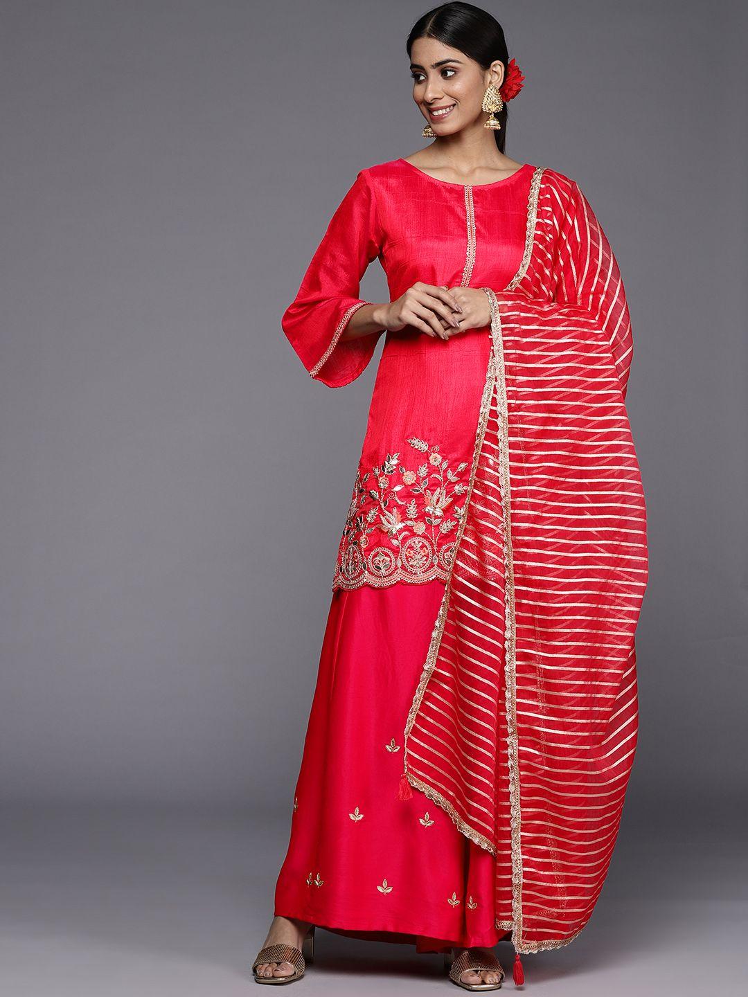 inddus women red floral embroidered sequinned kurta with sharara & with dupatta