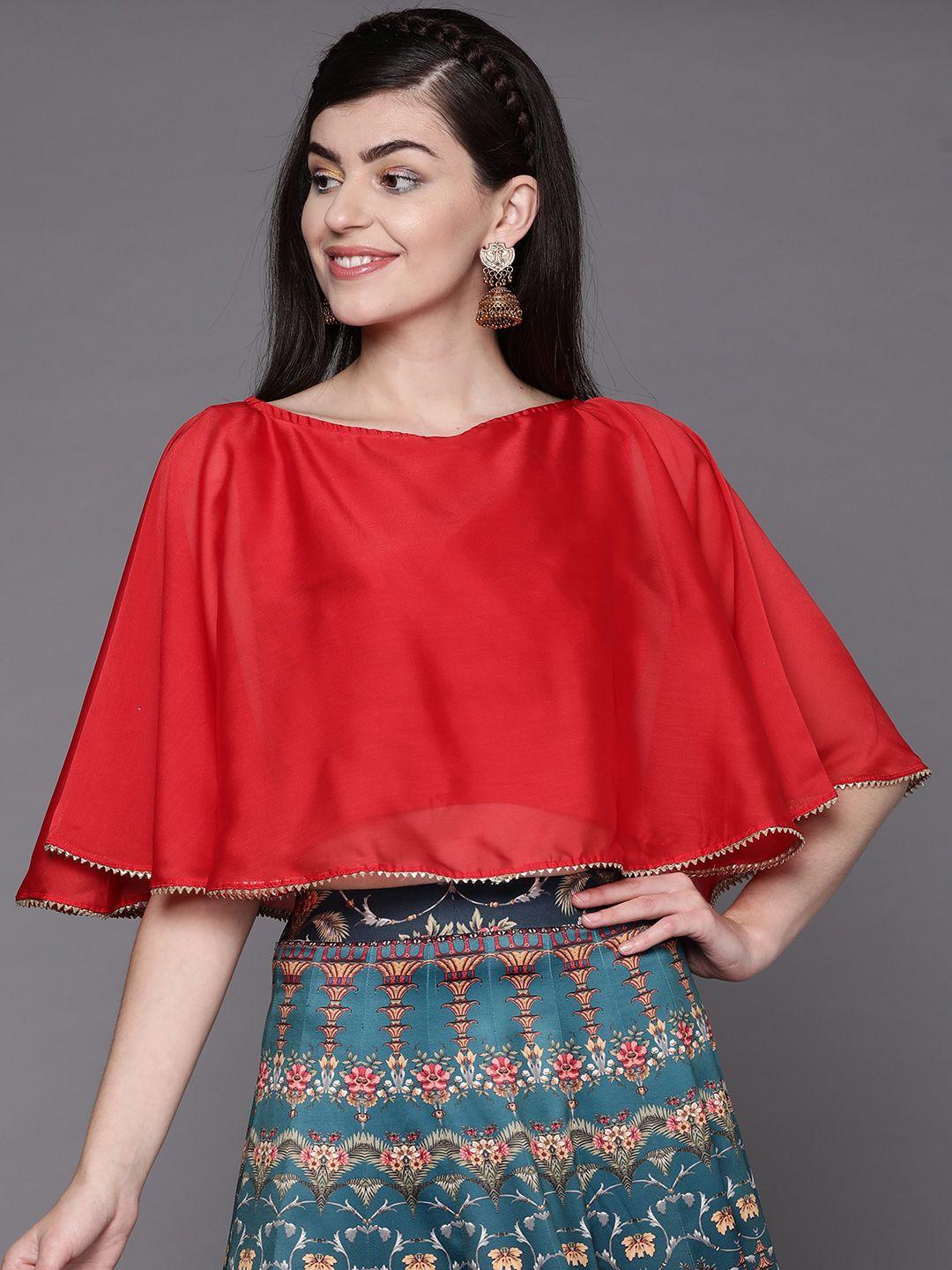 inddus women red solid cropped cape top