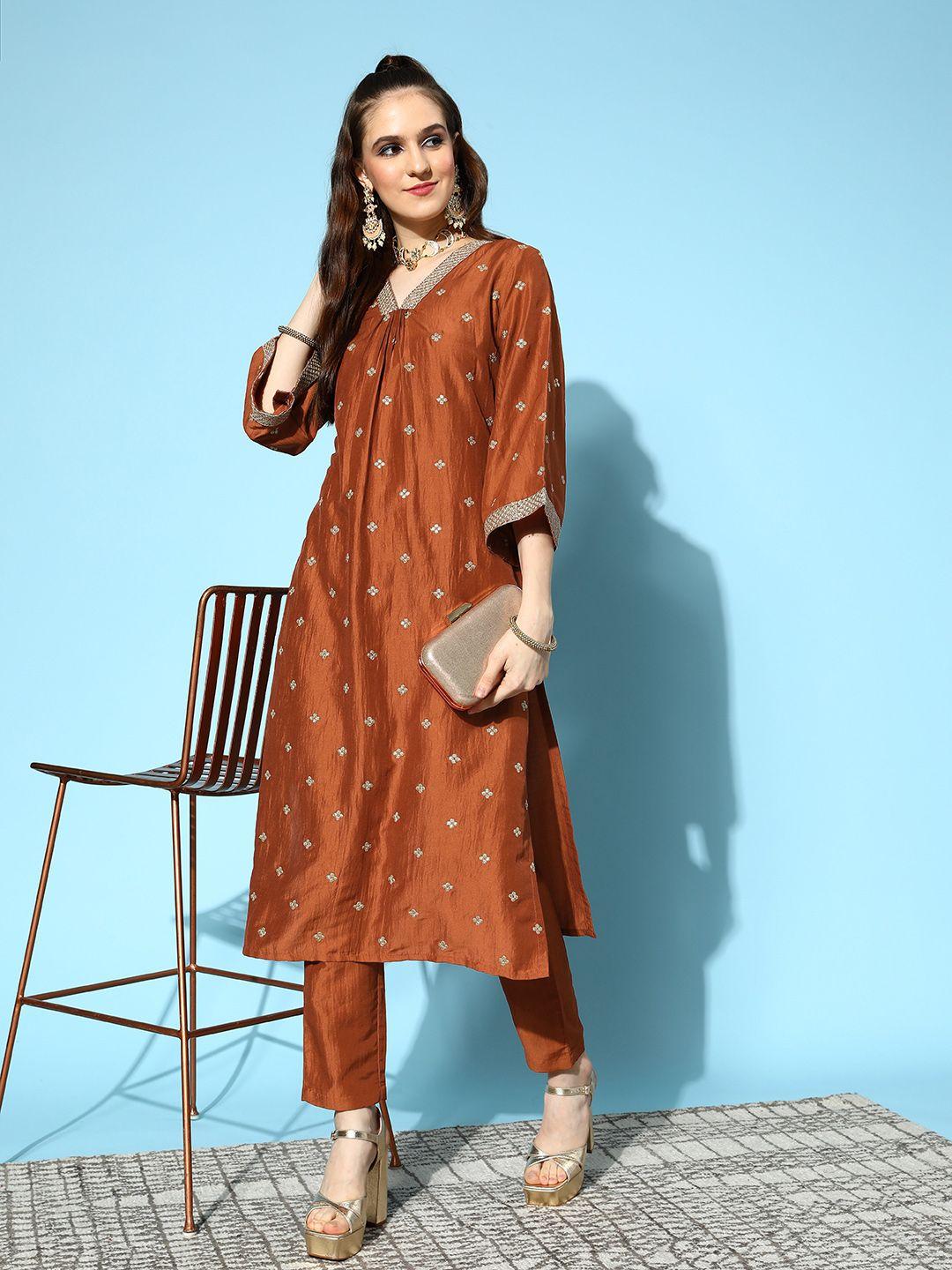 inddus women rust ethnic motifs embroidered kurta with trousers