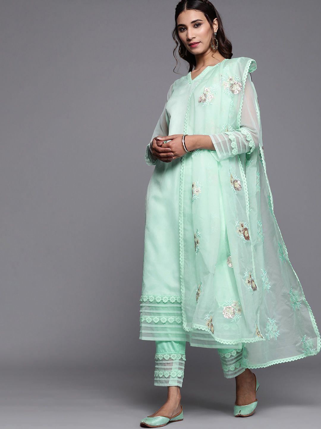 inddus women sea green solid kurta with trousers & dupatta