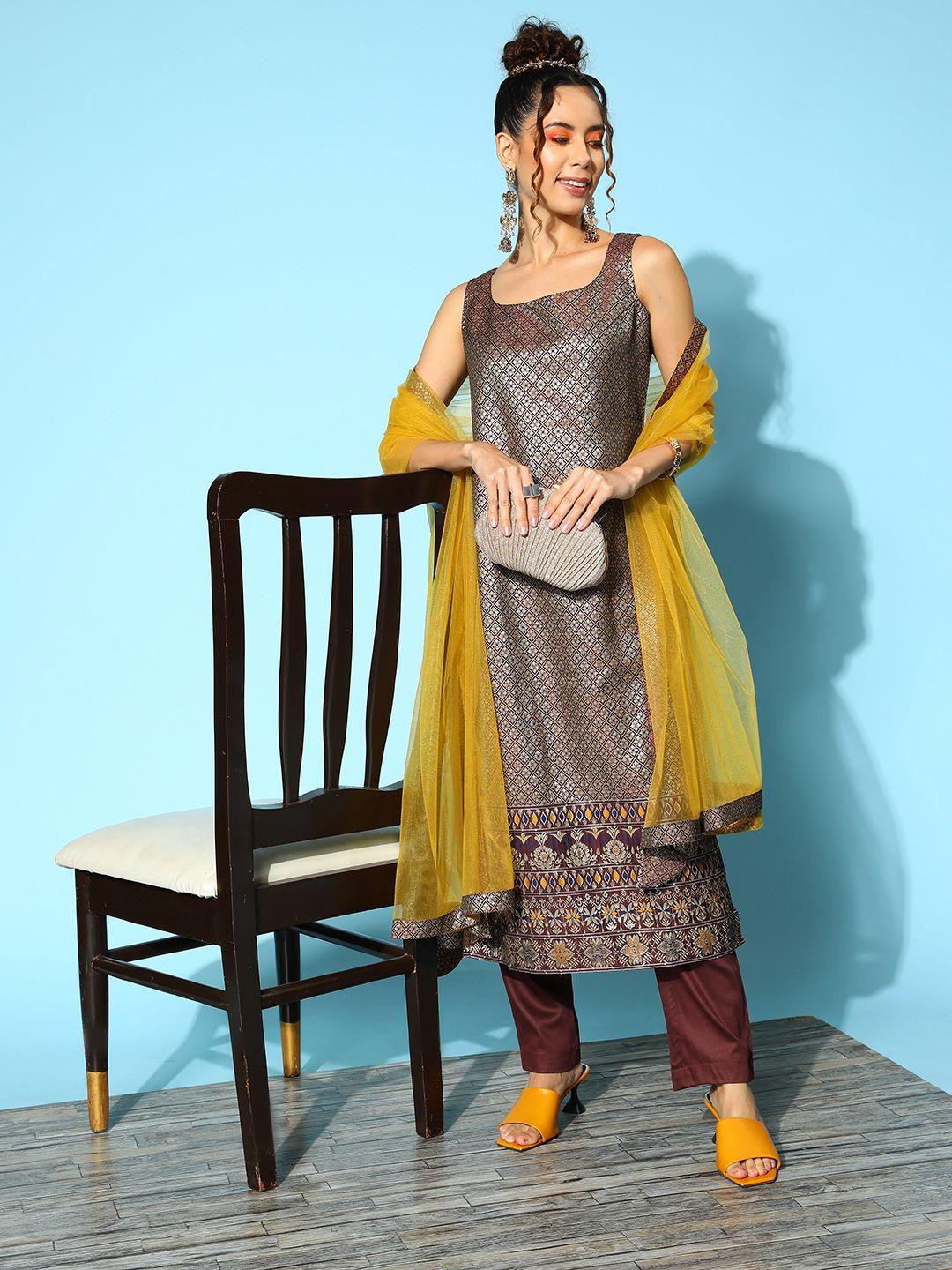 inddus women silk blend kurta with trousers & dupatta