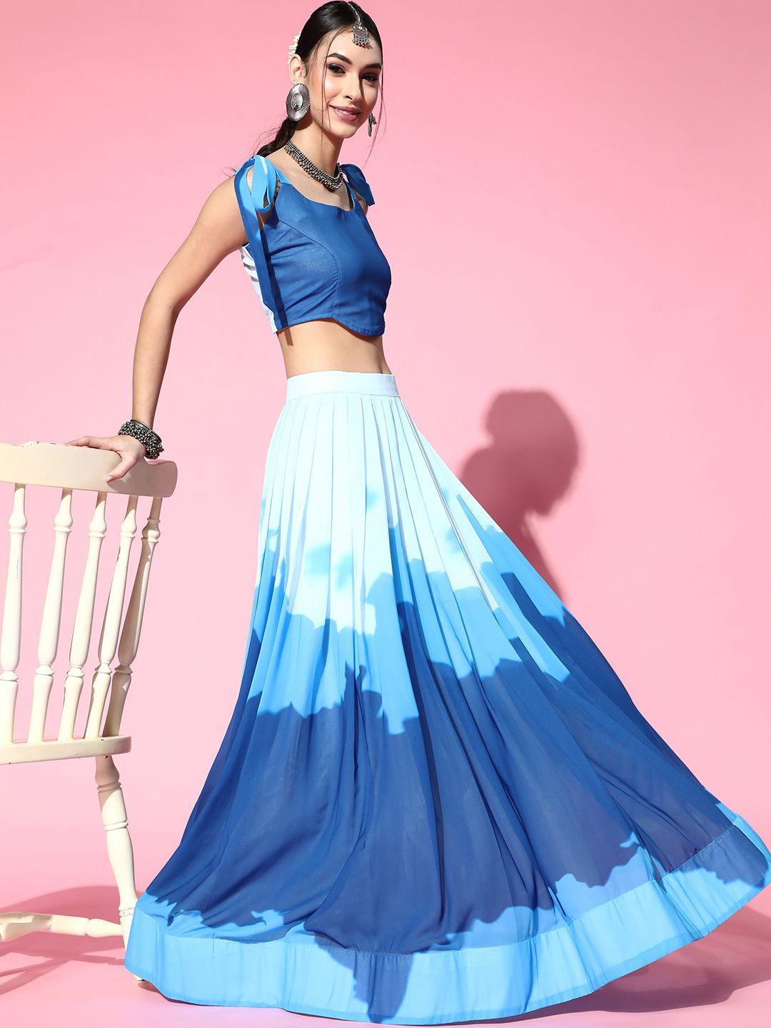 inddus women stunning blue printed top with skirt
