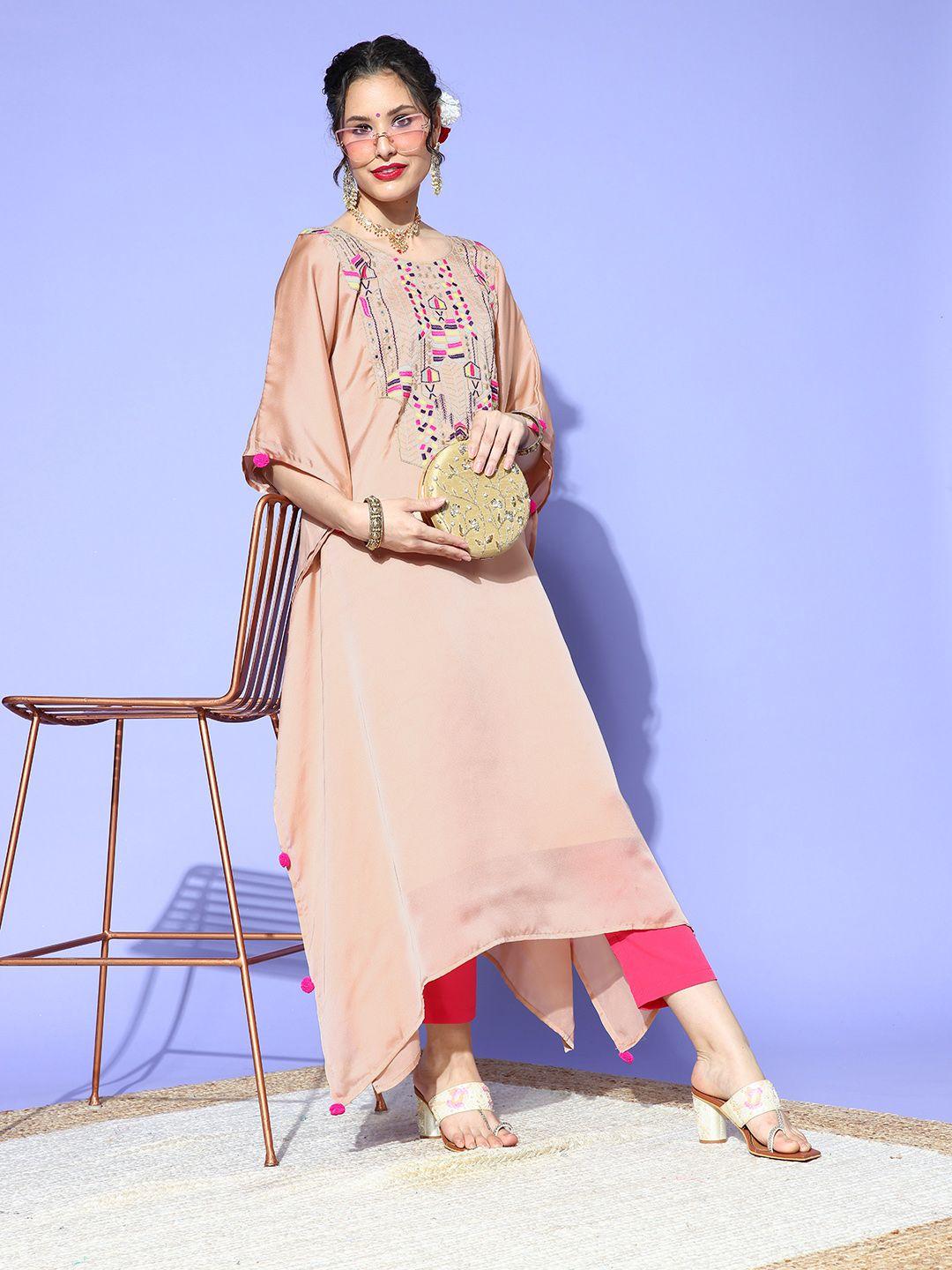 inddus women stylish peach embroidered satin kaftan kurta.