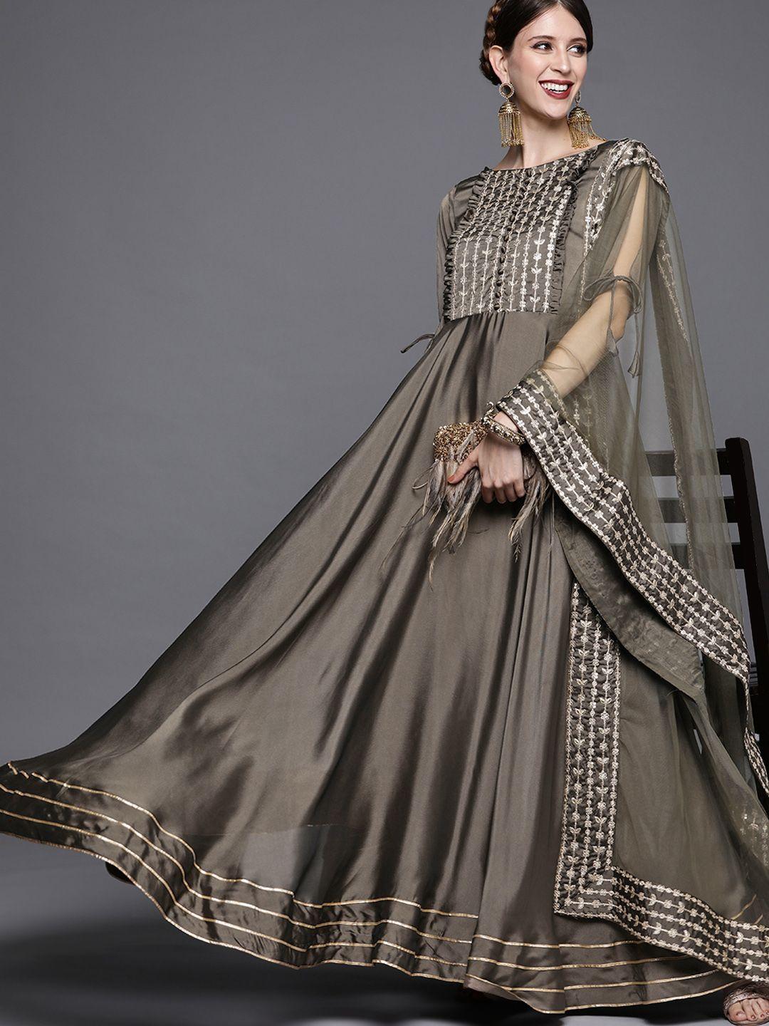 inddus women taupe & golden embroidered anarkali kurta with net dupatta