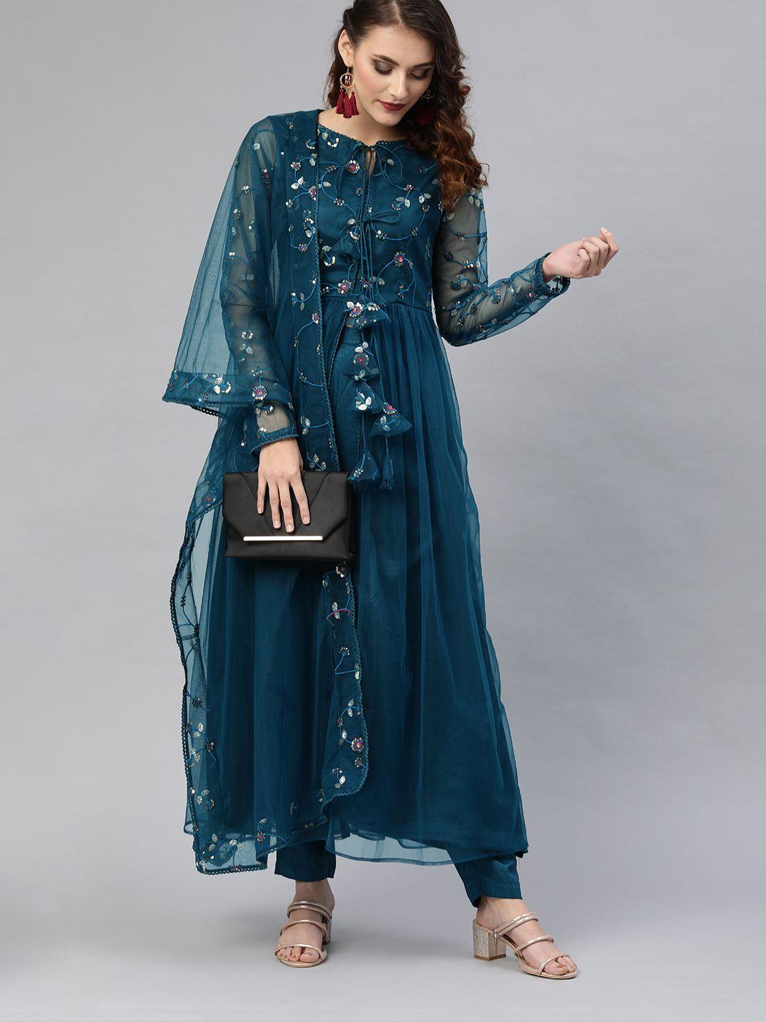 inddus women teal blue embroidered high slit kurta with trousers & dupatta