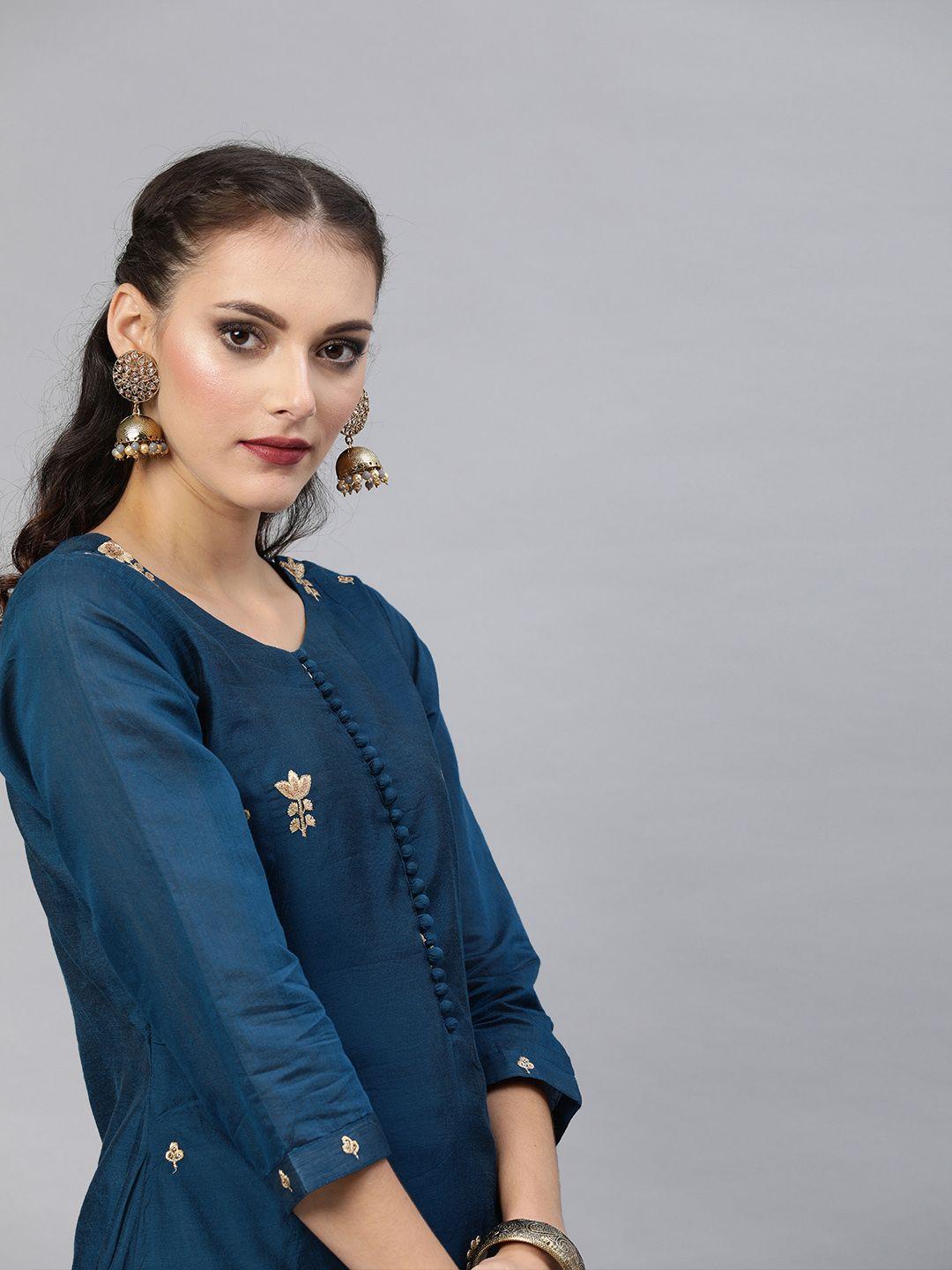 inddus women teal blue embroidered kurta with trousers