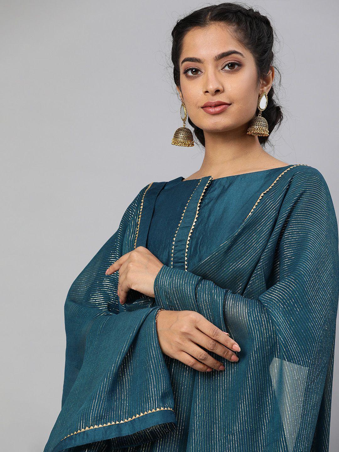 inddus women teal blue solid gotta patti detailing kurta with trousers & dupatta