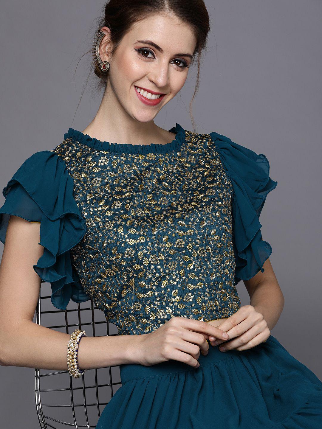 inddus women teal green & golden embroidered top with skirt