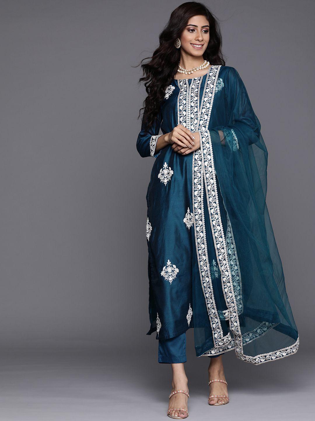 inddus women teal green & white motifs embroidered sequinned kurta with trousers & dupatta