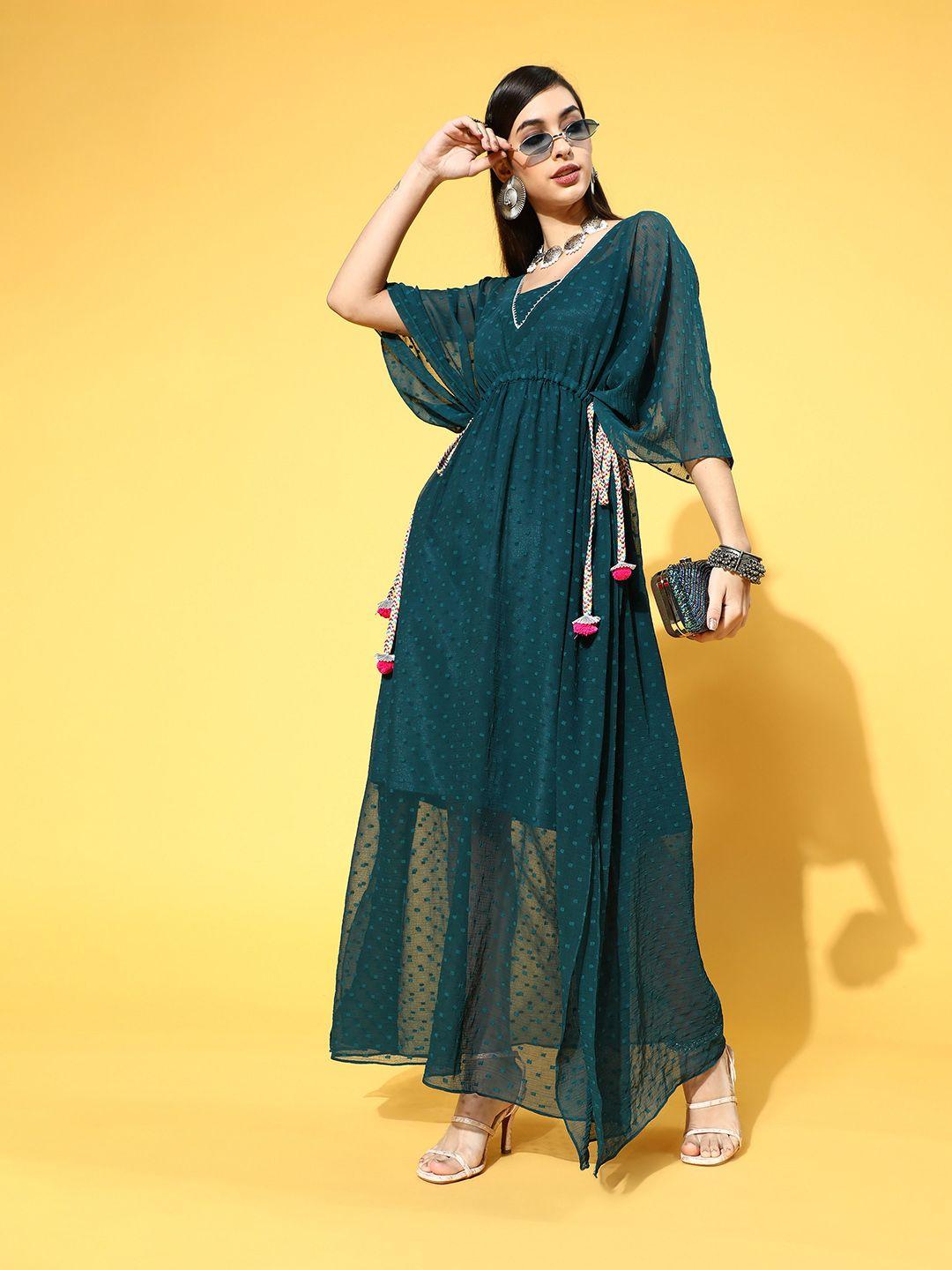 inddus women teal green ethnic kaftan maxi dress