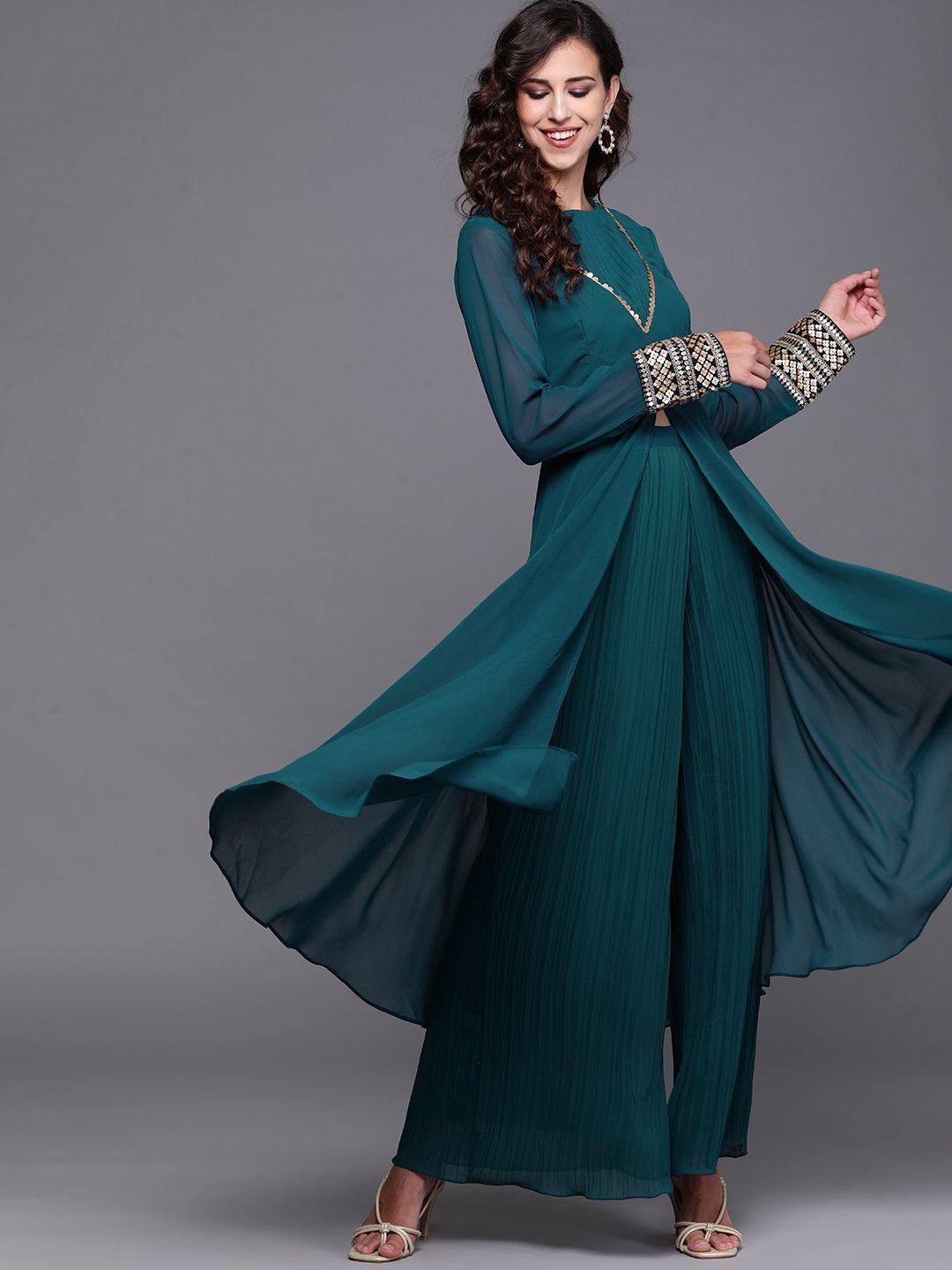 inddus women teal green solid with sequinned kurta with palazzos