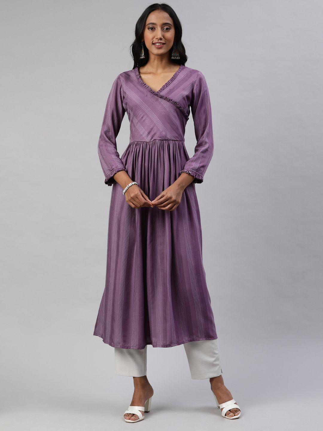 inddus women violet & white striped a-line kurta