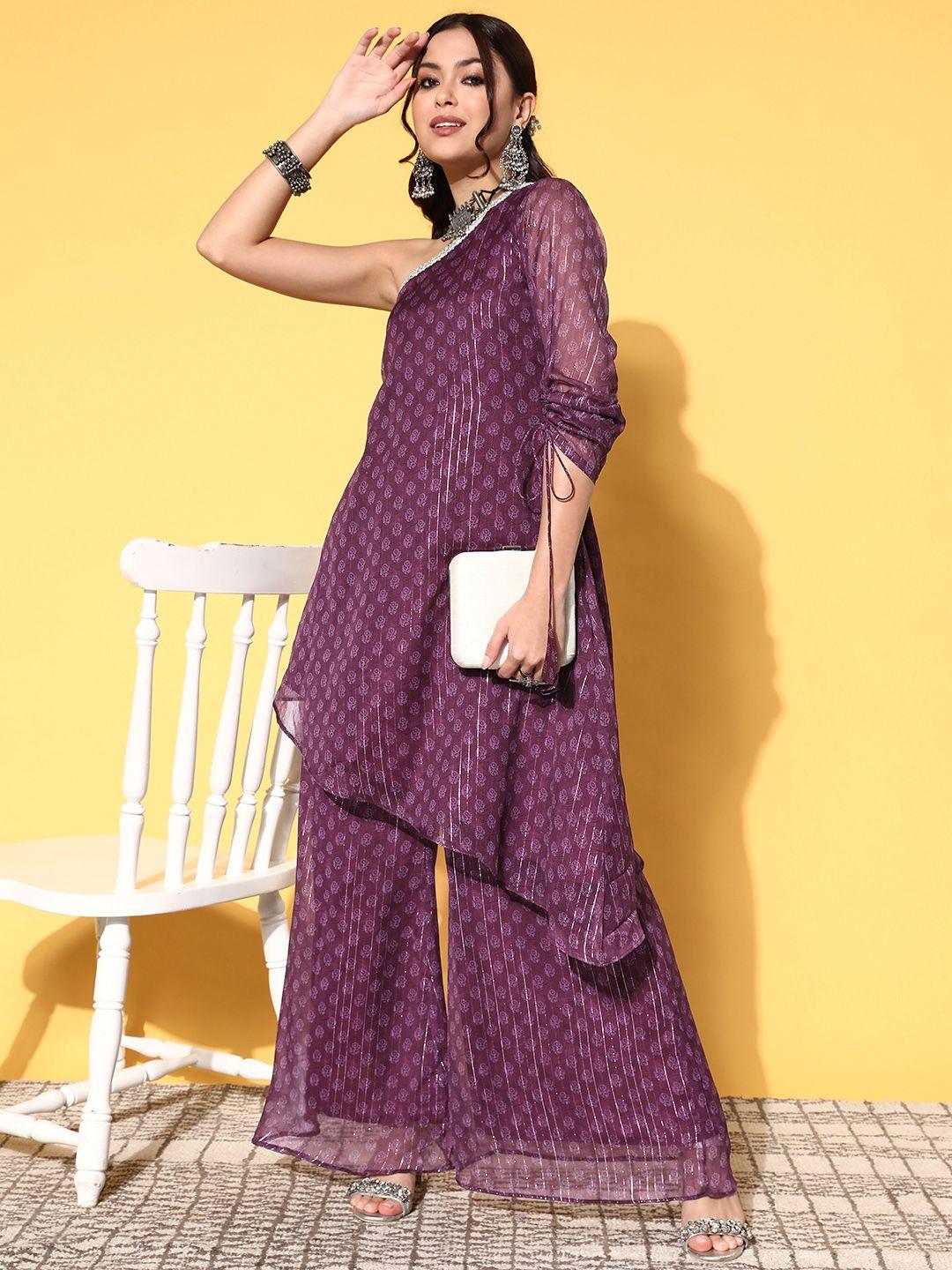 inddus women woven design poly-chiffon print mix kurta set