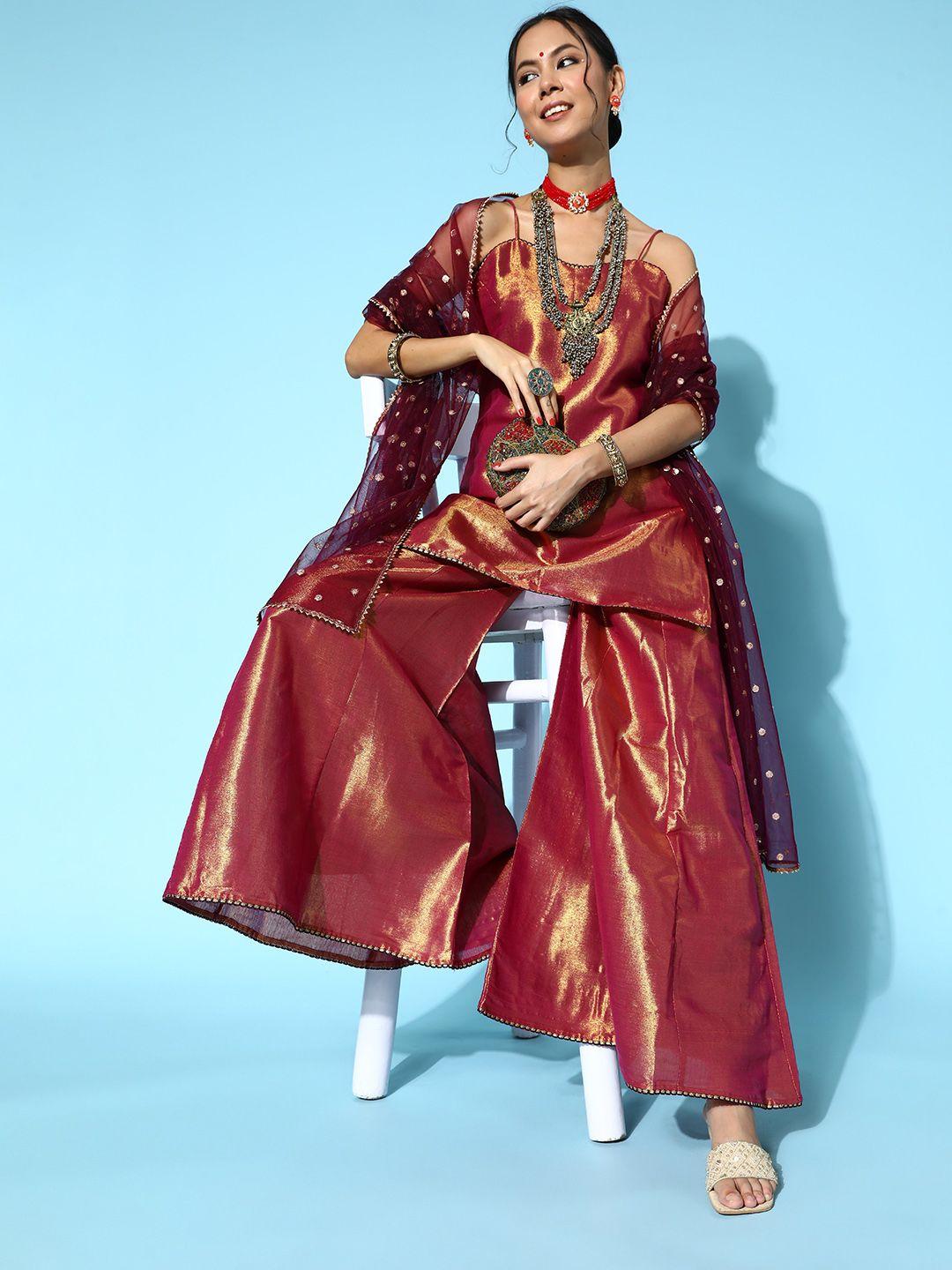 inddus women woven design silk blend ethereal embroidery kurta set