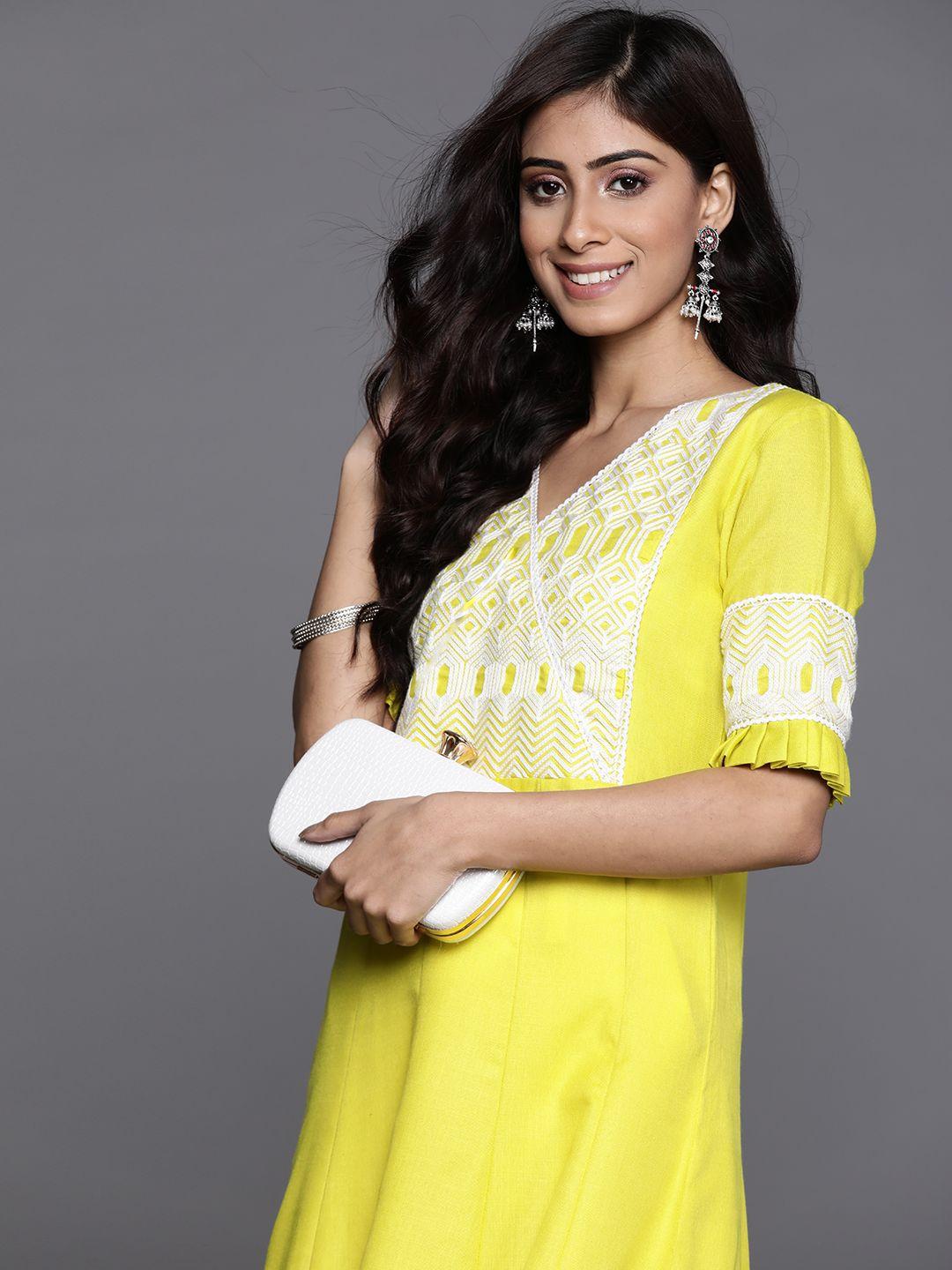 inddus women yellow & white geometric yoke design panelled angrakha a-line kurta
