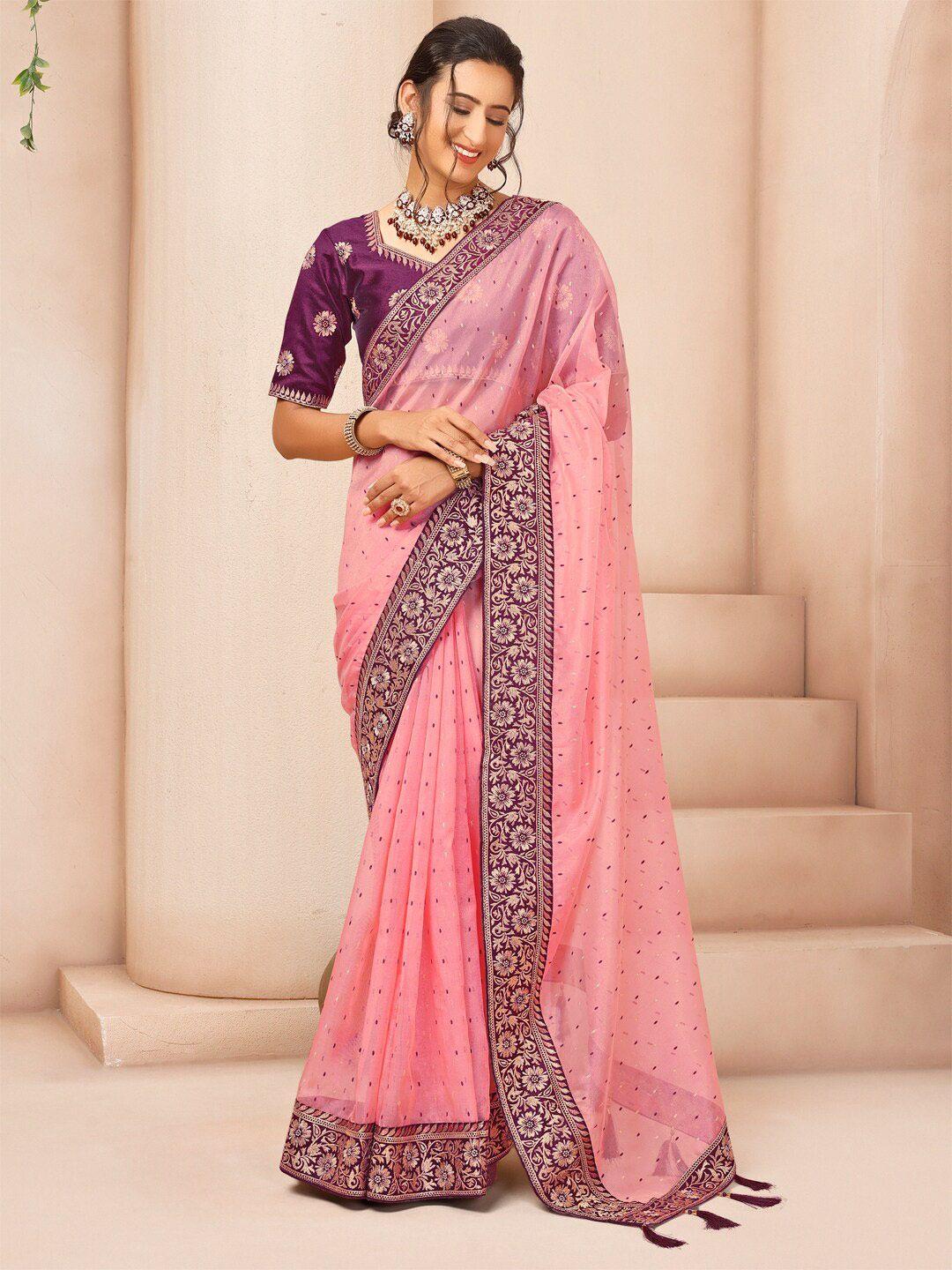 inddus woven design embroidered organza saree