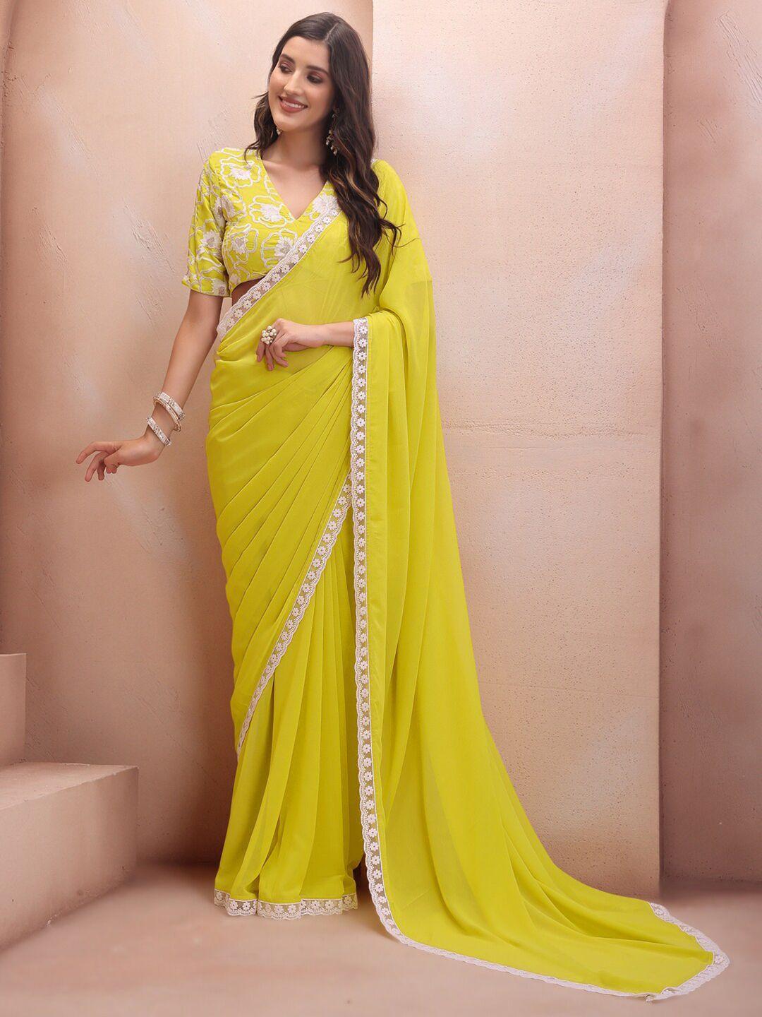 inddus yellow & white embroidered border saree