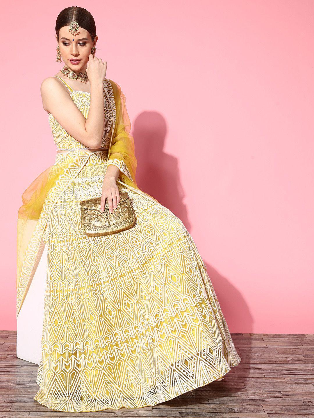 inddus yellow embroidered semi-stitched lehenga choli with dupatta