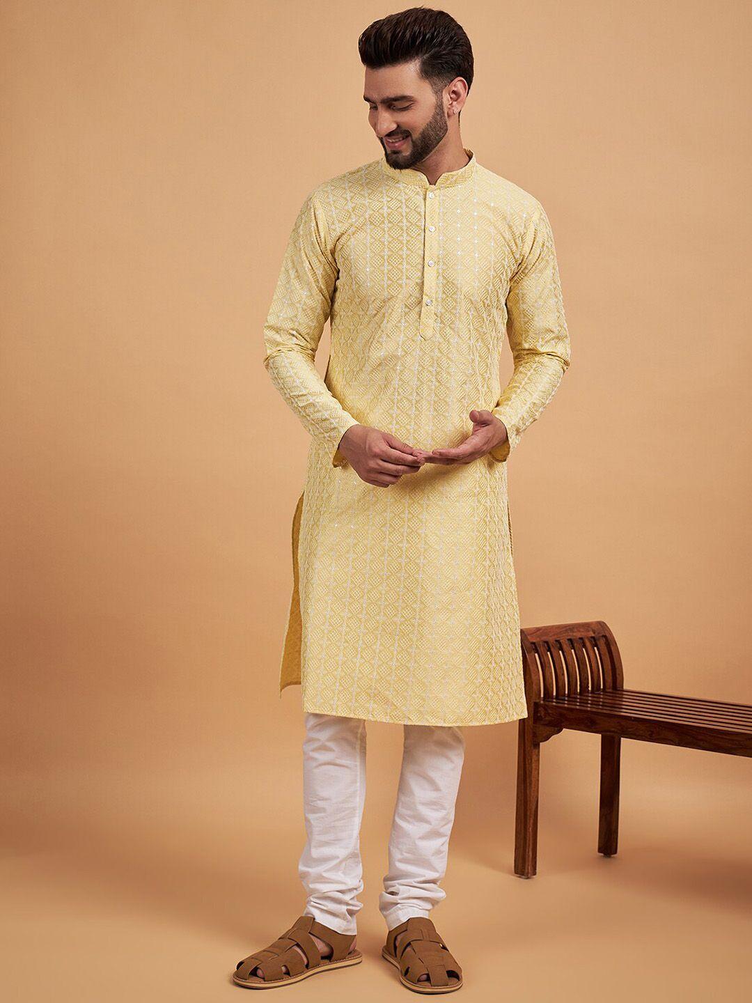 inddus yellow ethnic motif embroidered chikankari straight kurta