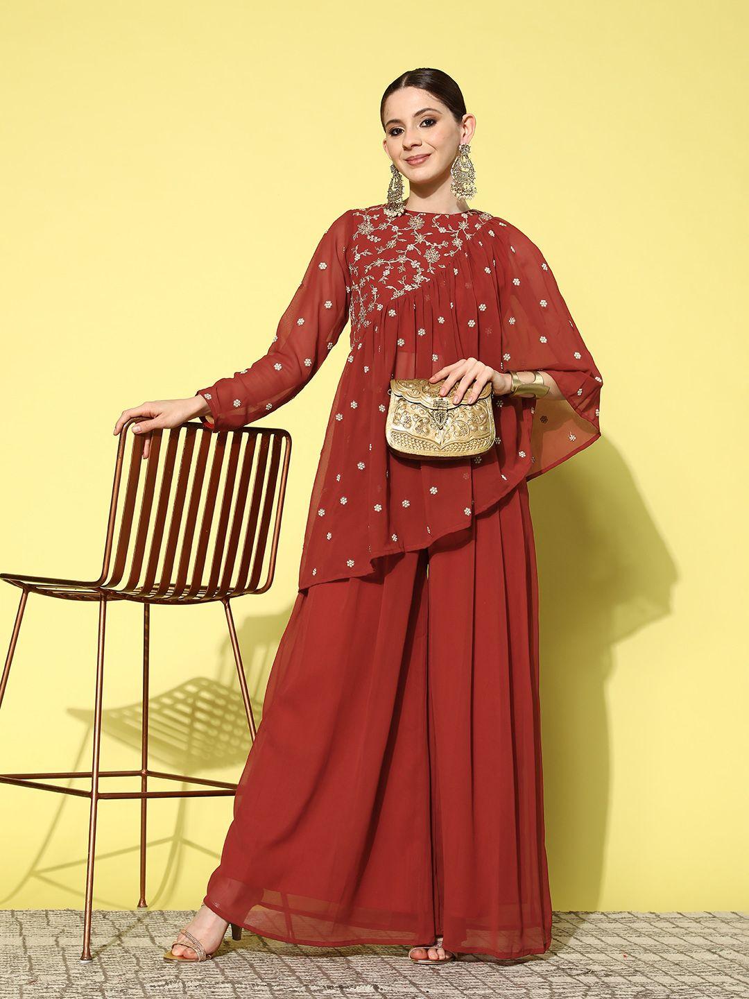 inddus zari embroidered georgette top with palazzos