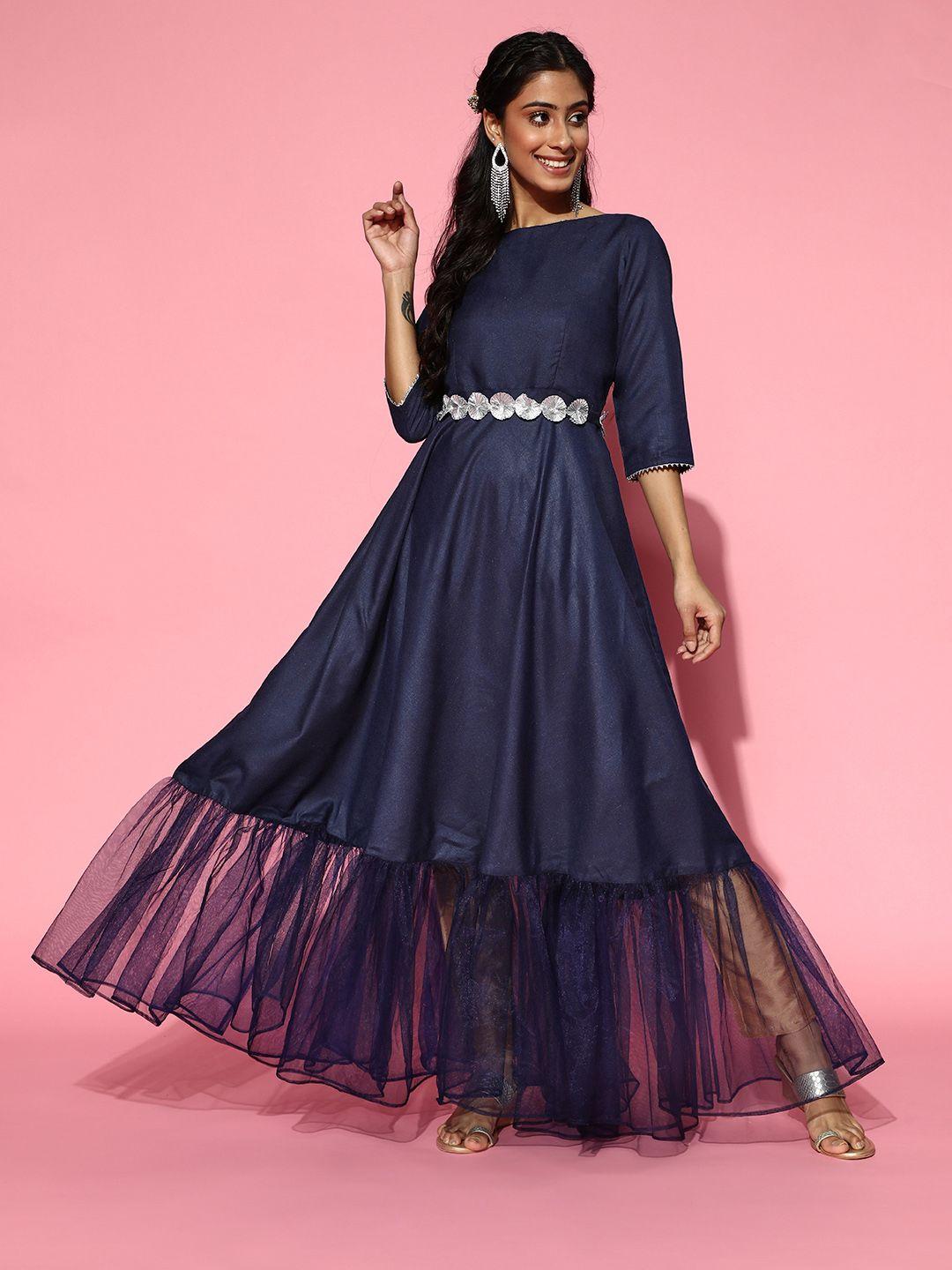 indduswomen navy blue anarkali kurta with net ruffle and gotta detailed embellished belt