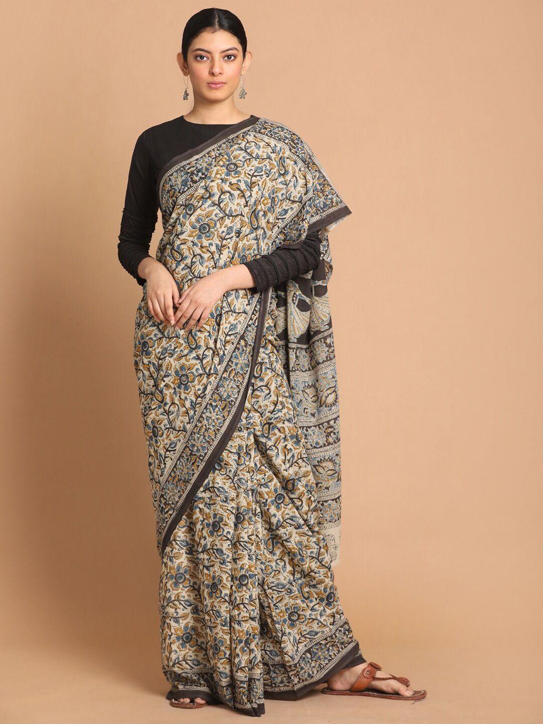 indethnic black & beige kalamkari pure mulmul cotton block print saree