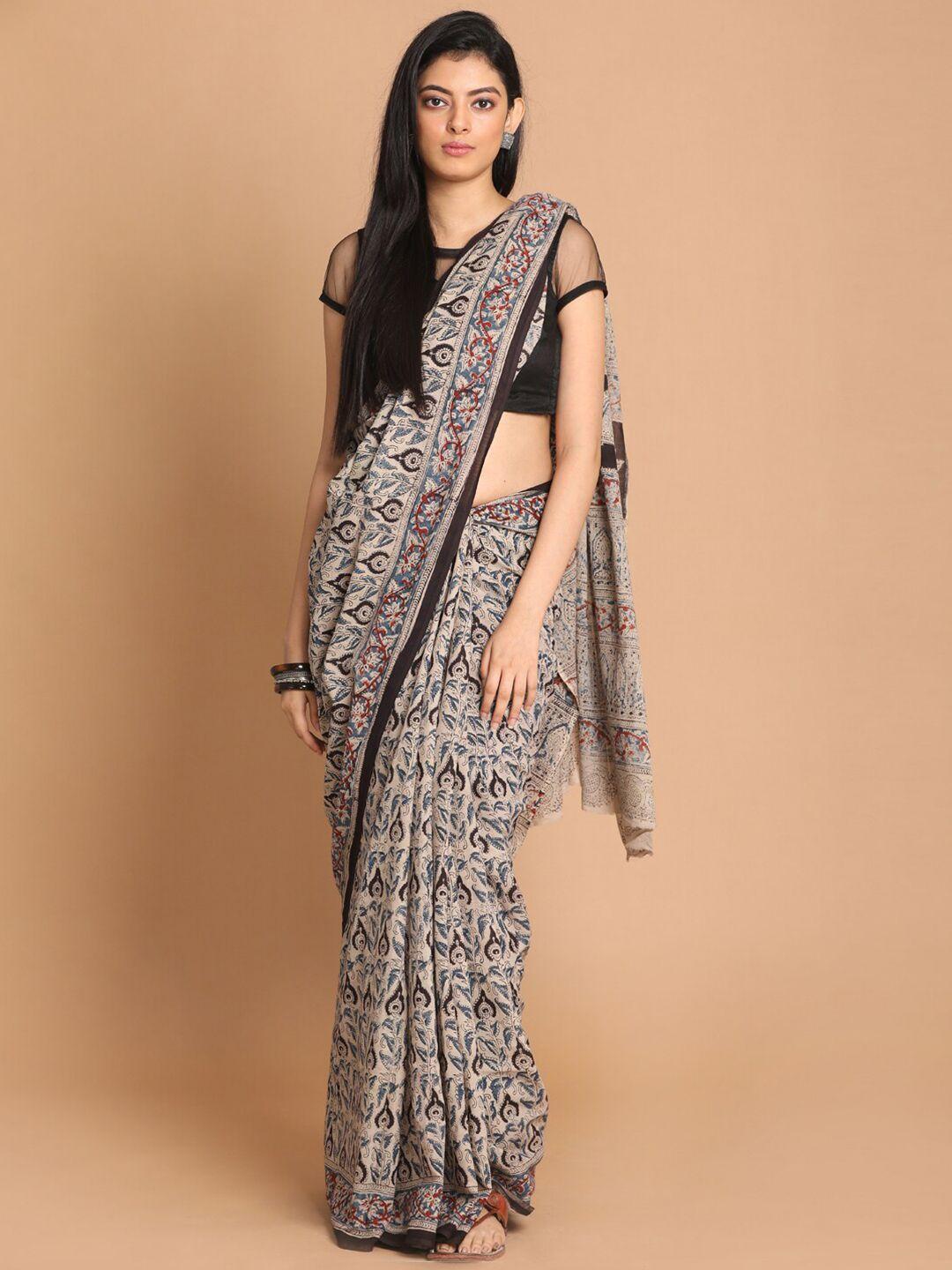 indethnic black & blue kalamkari pure cotton block print saree