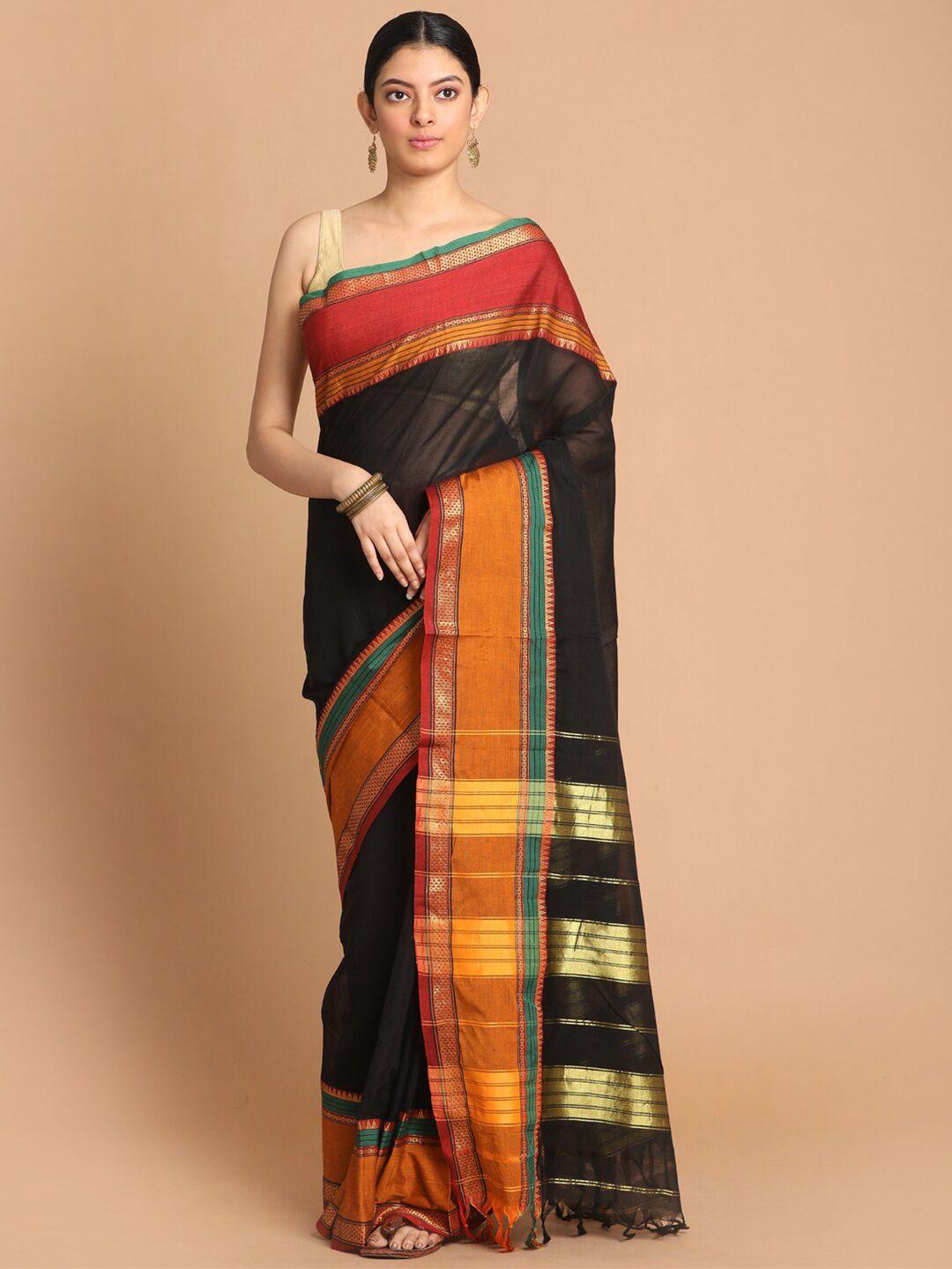 indethnic black & orange zari pure cotton saree
