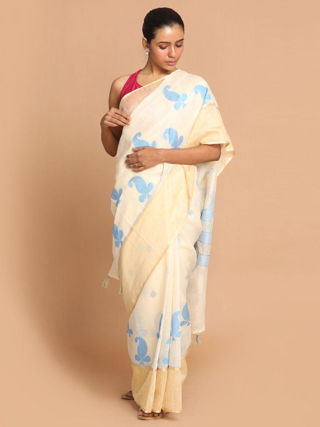 indethnic blue & cream-coloured ethnic motifs zari linen blend banarasi saree