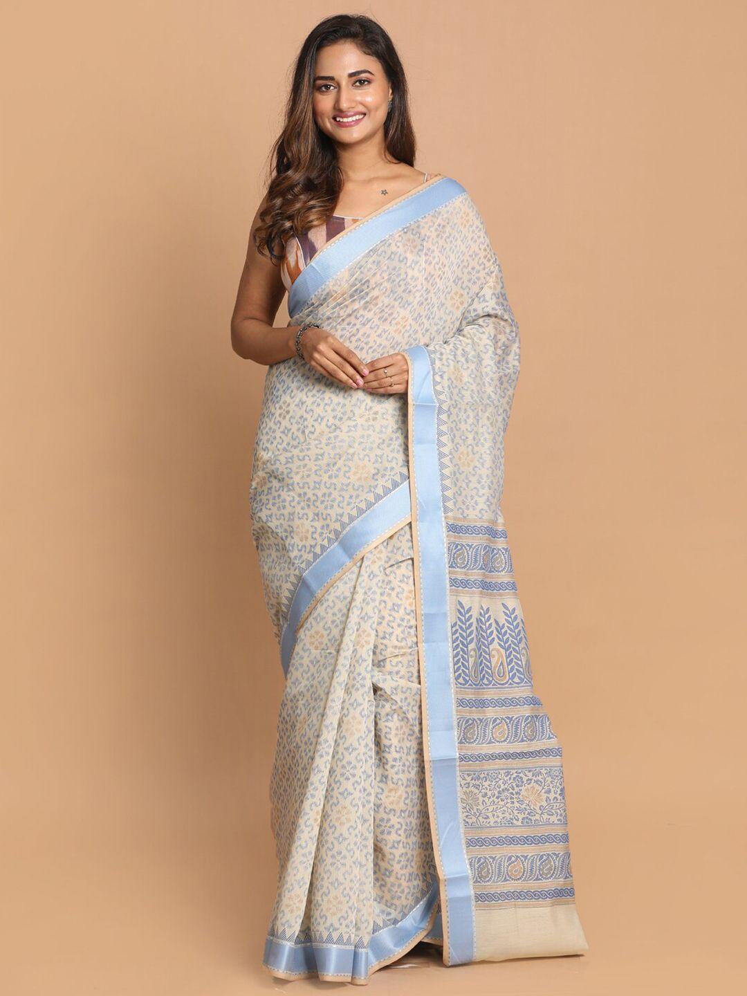 indethnic blue & white printed saree