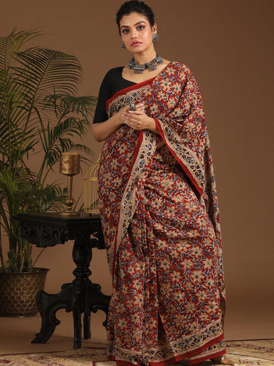 indethnic brown & red kalamkari pure cotton block print saree