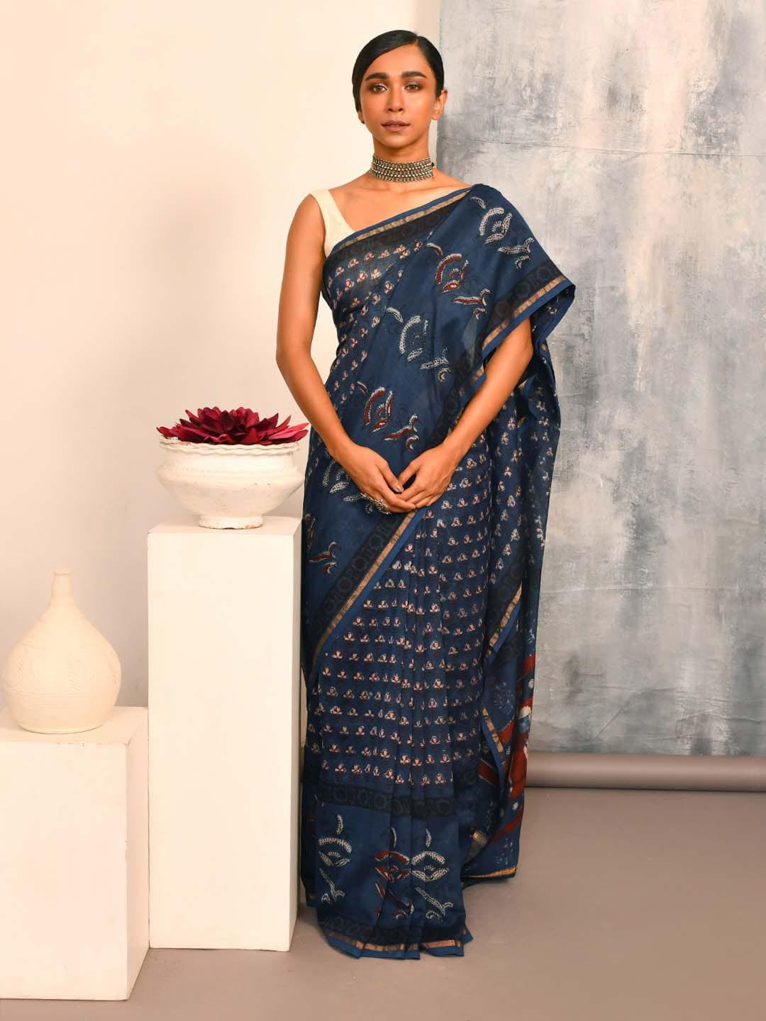 indethnic ethnic motifs printed zari silk cotton bagru saree