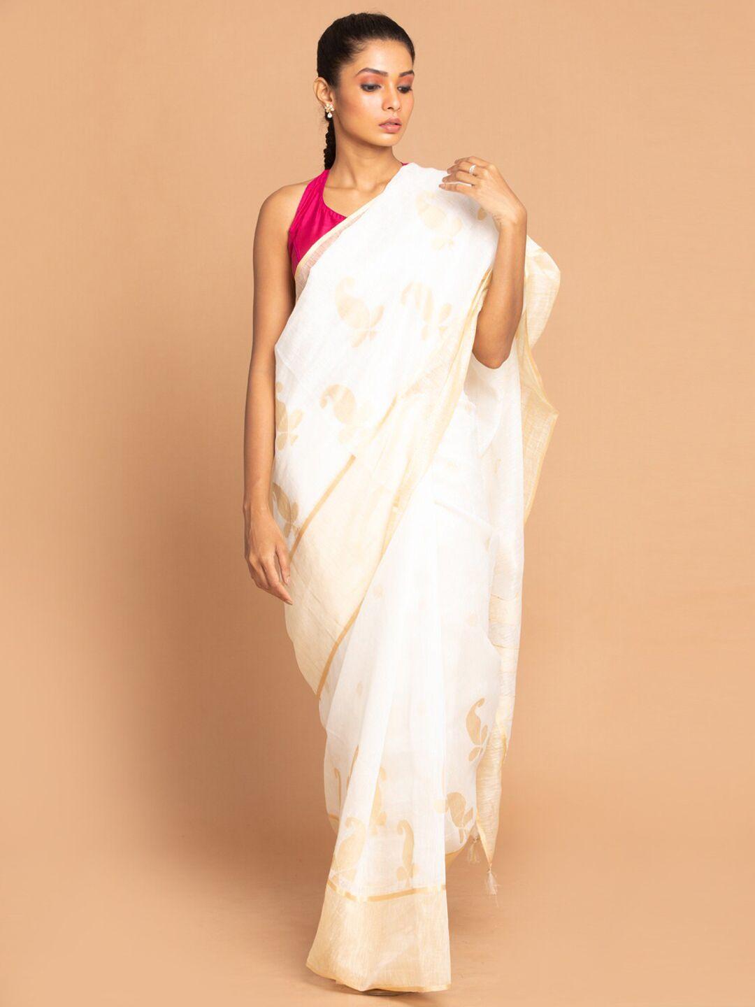 indethnic gold-toned & white floral zari linen blend banarasi saree