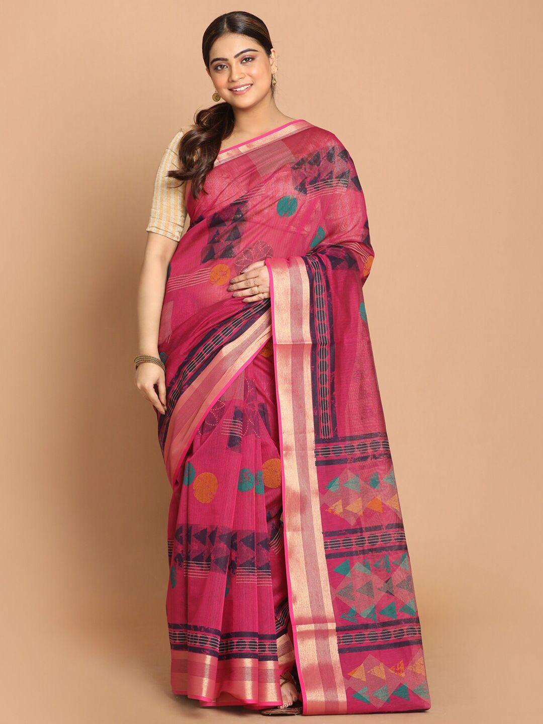 indethnic magenta & black zari cotton blend saree