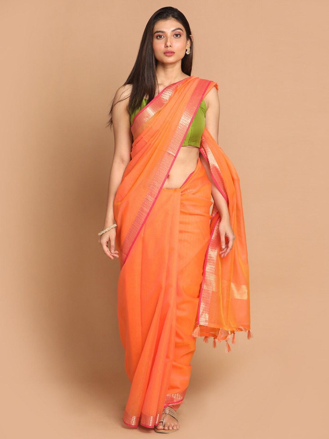 indethnic orange & fuchsia zari banarasi saree