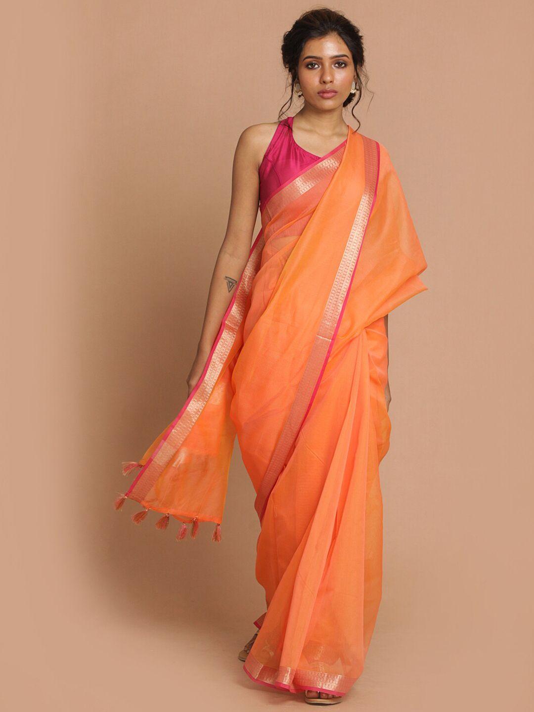 indethnic orange & pink zari banarasi saree