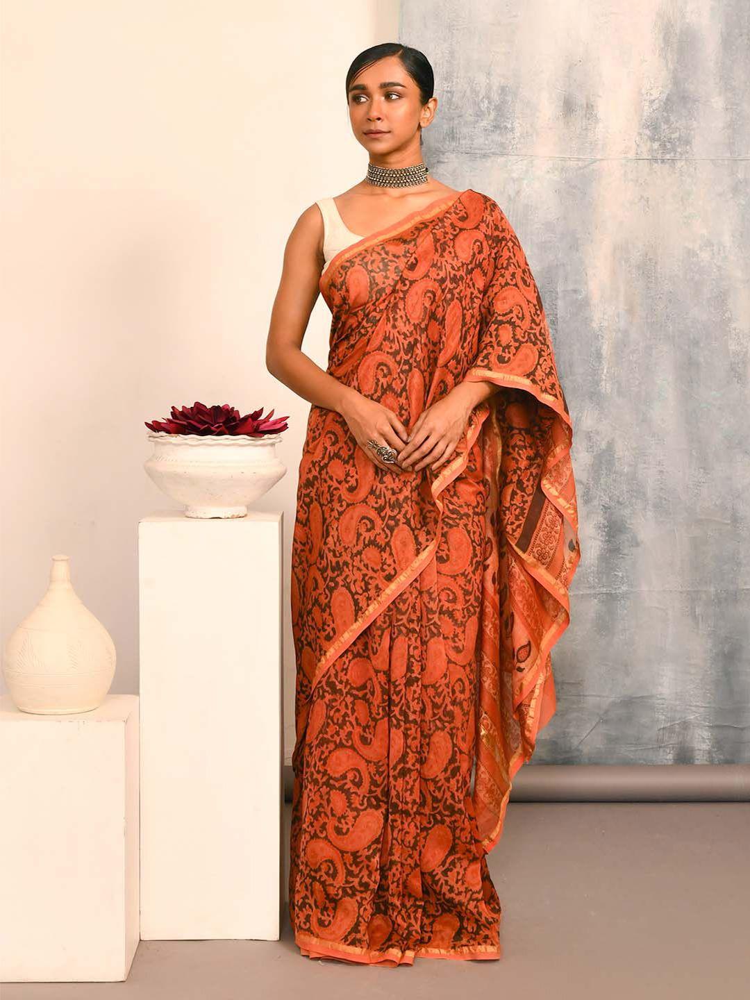 indethnic paisley printed zari silk cotton bagru saree