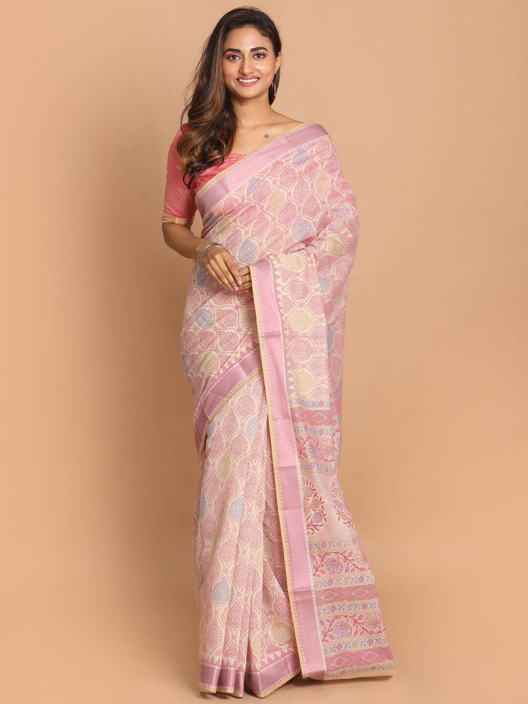 indethnic pink & blue ethnic motifs saree