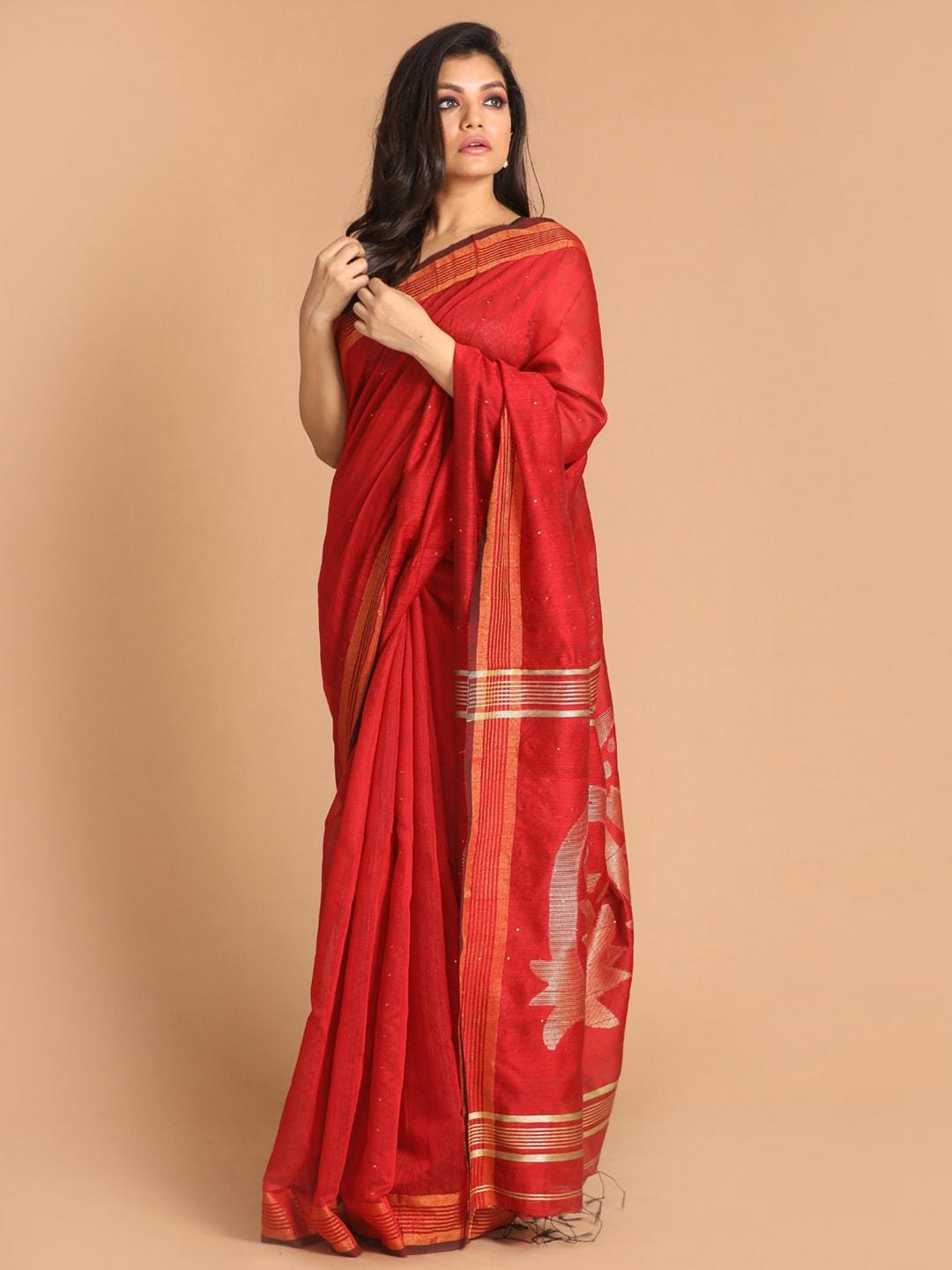 indethnic red & gold-toned floral sequinned jamdani saree