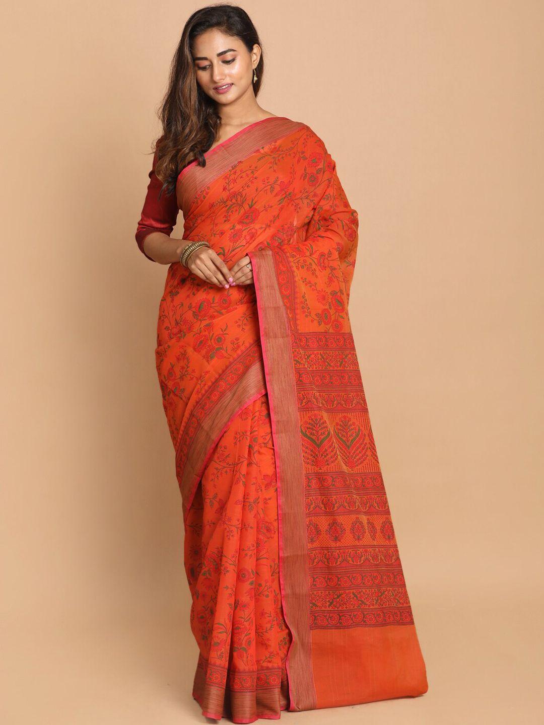 indethnic rust & green floral printed saree