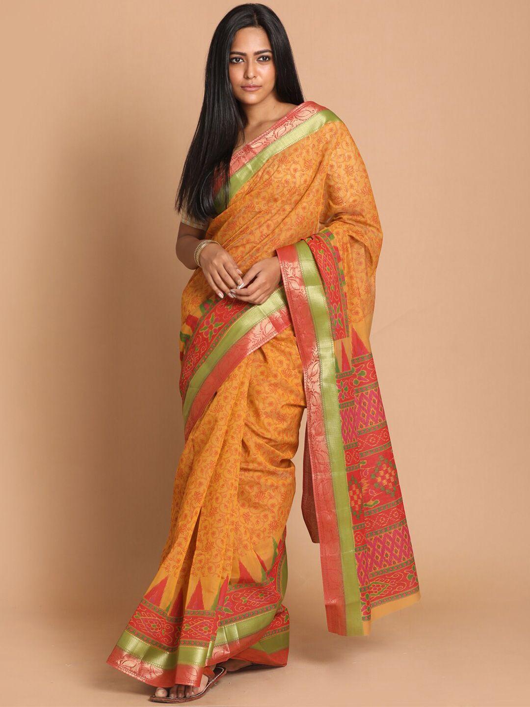 indethnic rust & red floral printed saree