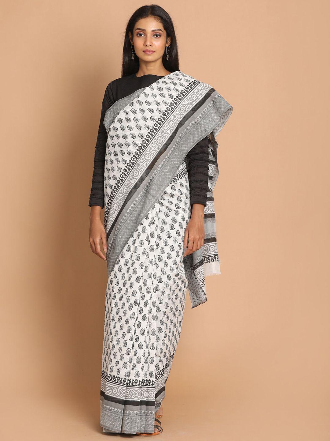 indethnic white & black ethnic motifs net saree