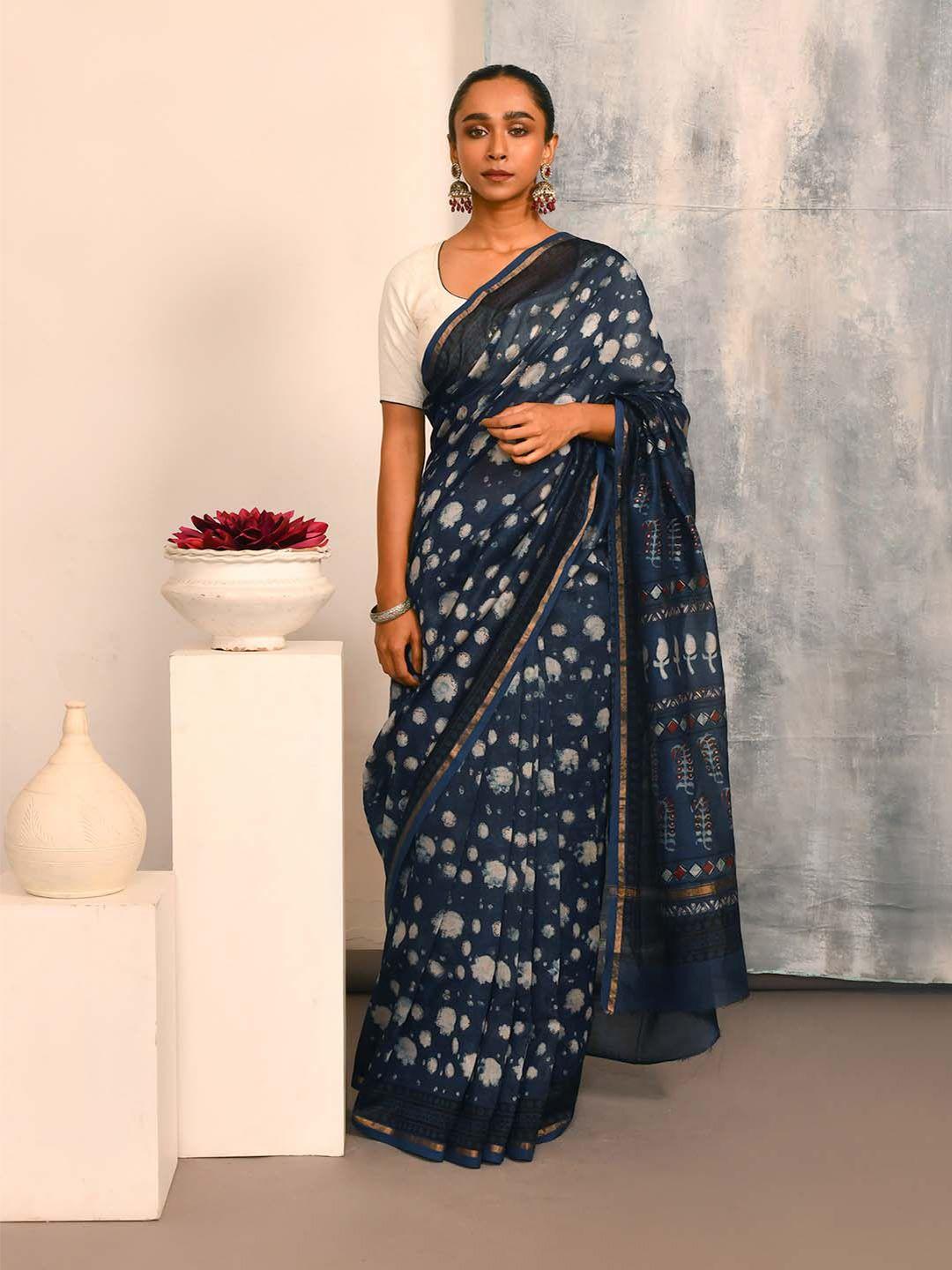 indethnic abstract printed zari silk cotton bagru saree