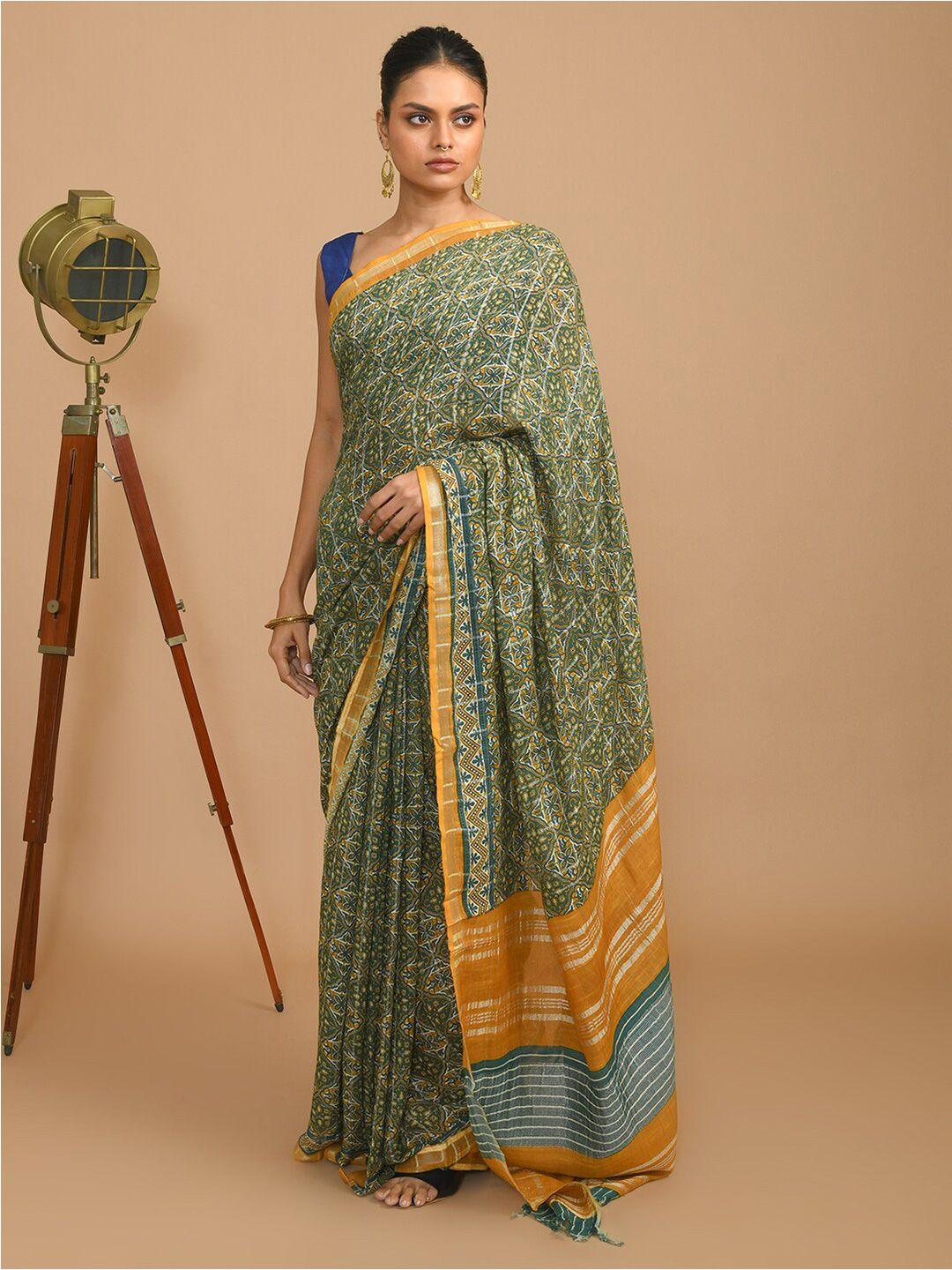 indethnic ajrak block zari bhagalpuri saree