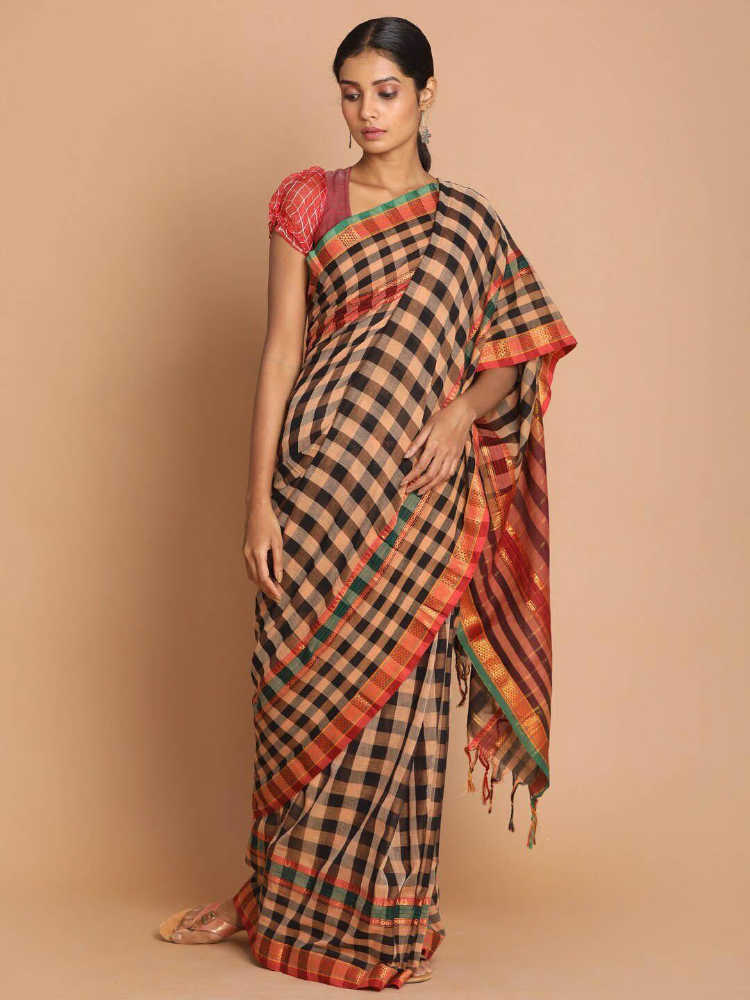 indethnic beige & black checked zari pure cotton saree