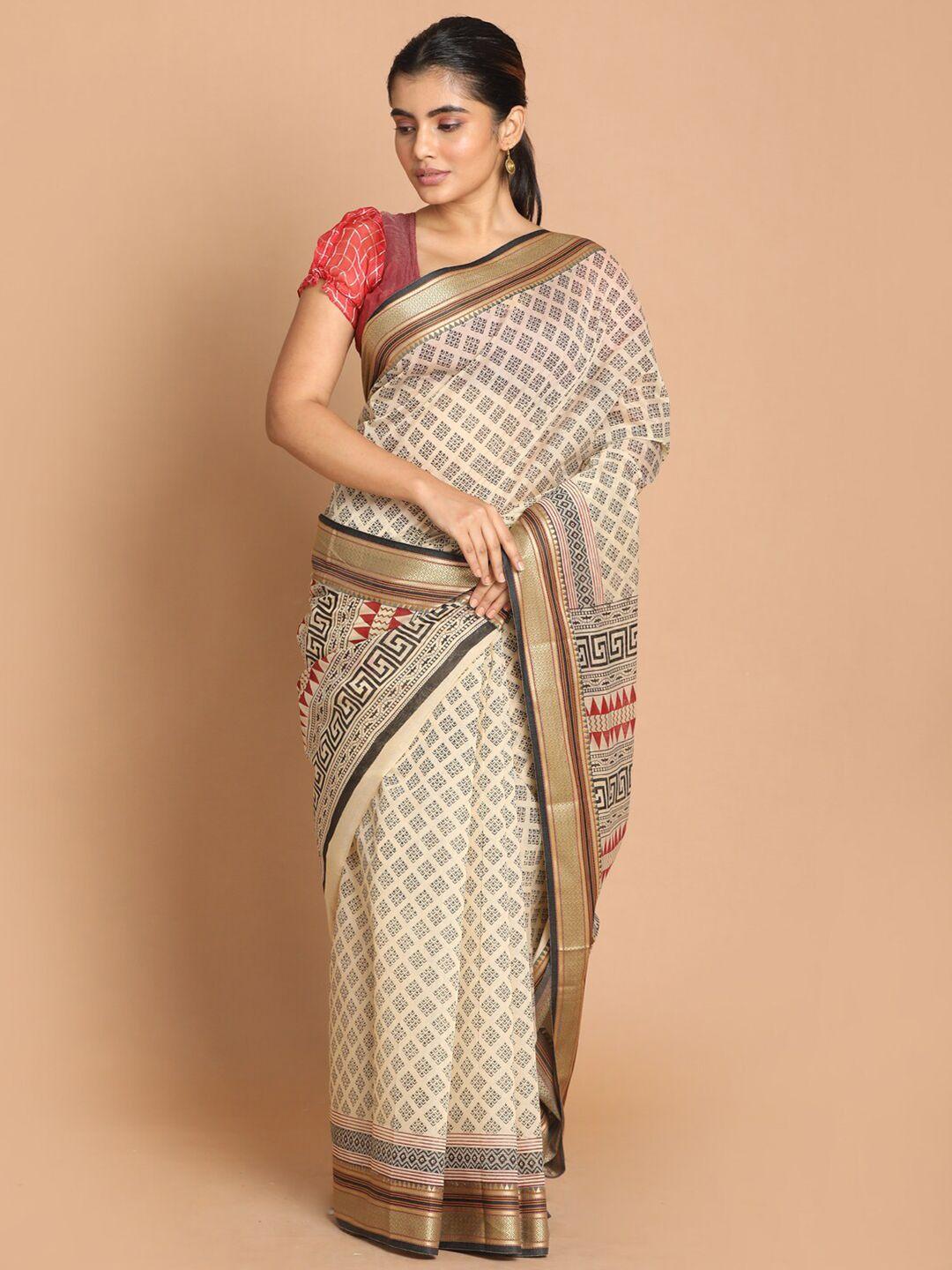 indethnic beige & black ethnic motifs zari saree