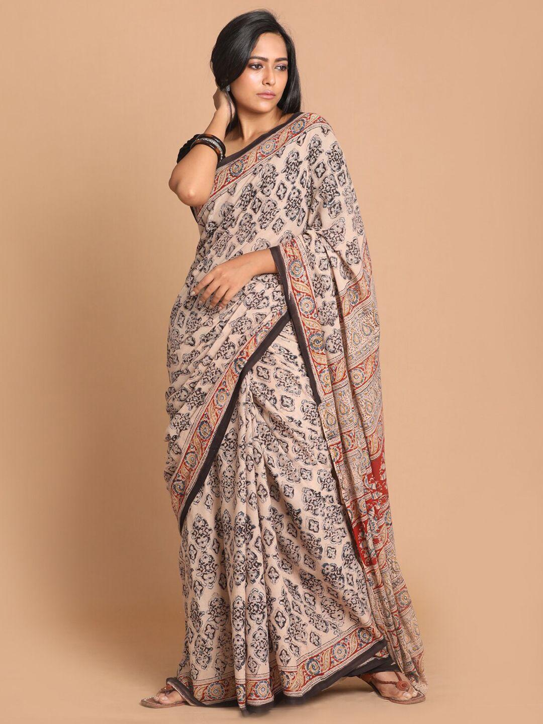 indethnic beige & black kalamkari pure cotton block print saree