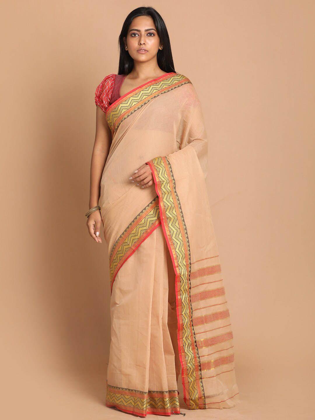 indethnic beige & gold-coloured zari pure cotton saree