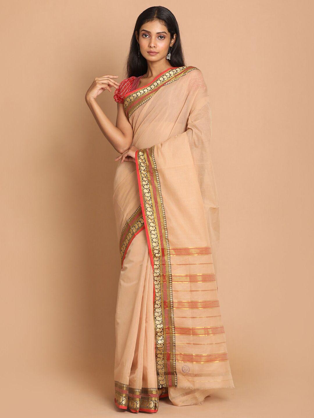 indethnic beige & gold-toned zari pure cotton saree